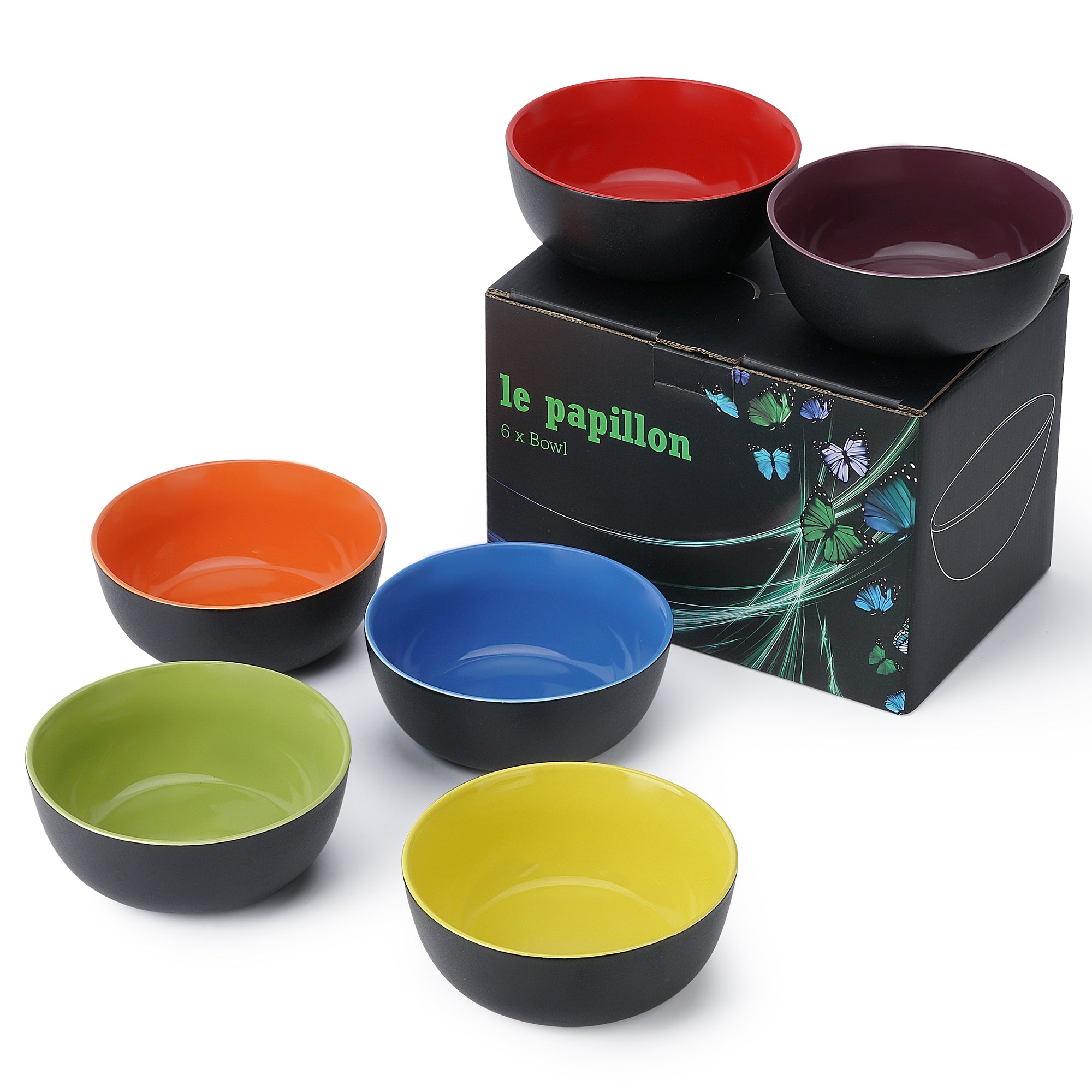 Schüssel Le Papillon 6er Set mit 6 bunten Schalen, matt-schwarzem Äußeren und glänzendem Innenleben, ideal für jede Mahlzeit.