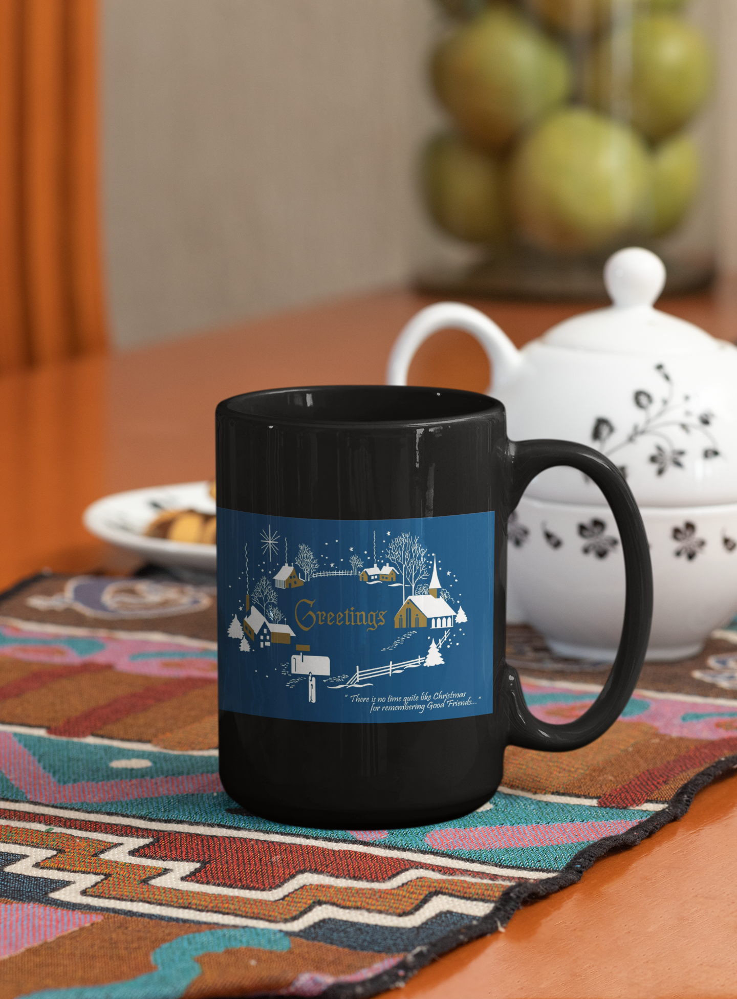 A vibrant Seasons Greetings Contemporary Christmas Pop Art Coffee Mug featuring a unique design, available in white and black colors.