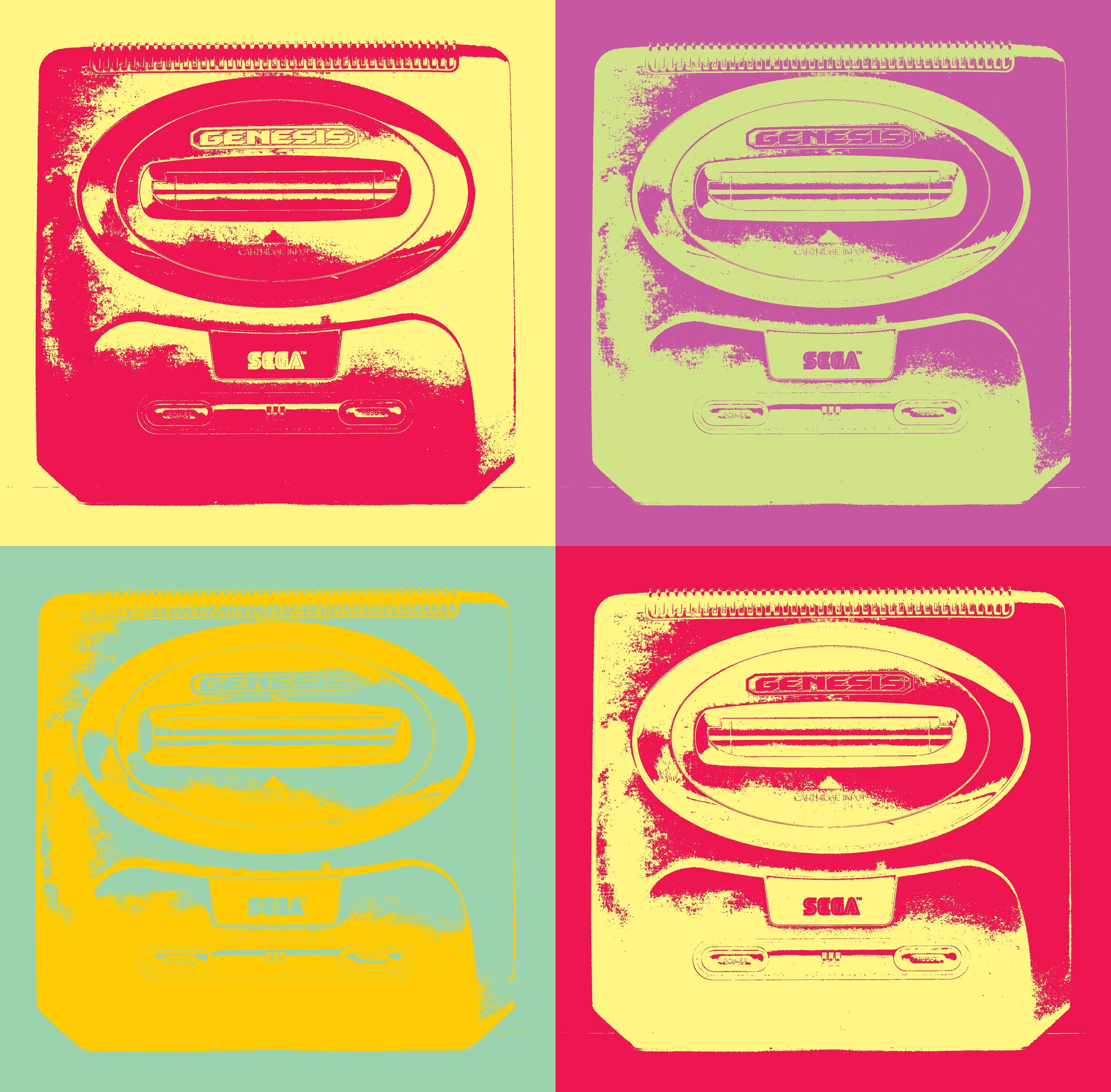 Sega Genesis #2 Modern Pop Art Canvas Print featuring a 4-panel design in vibrant colors and black and white.