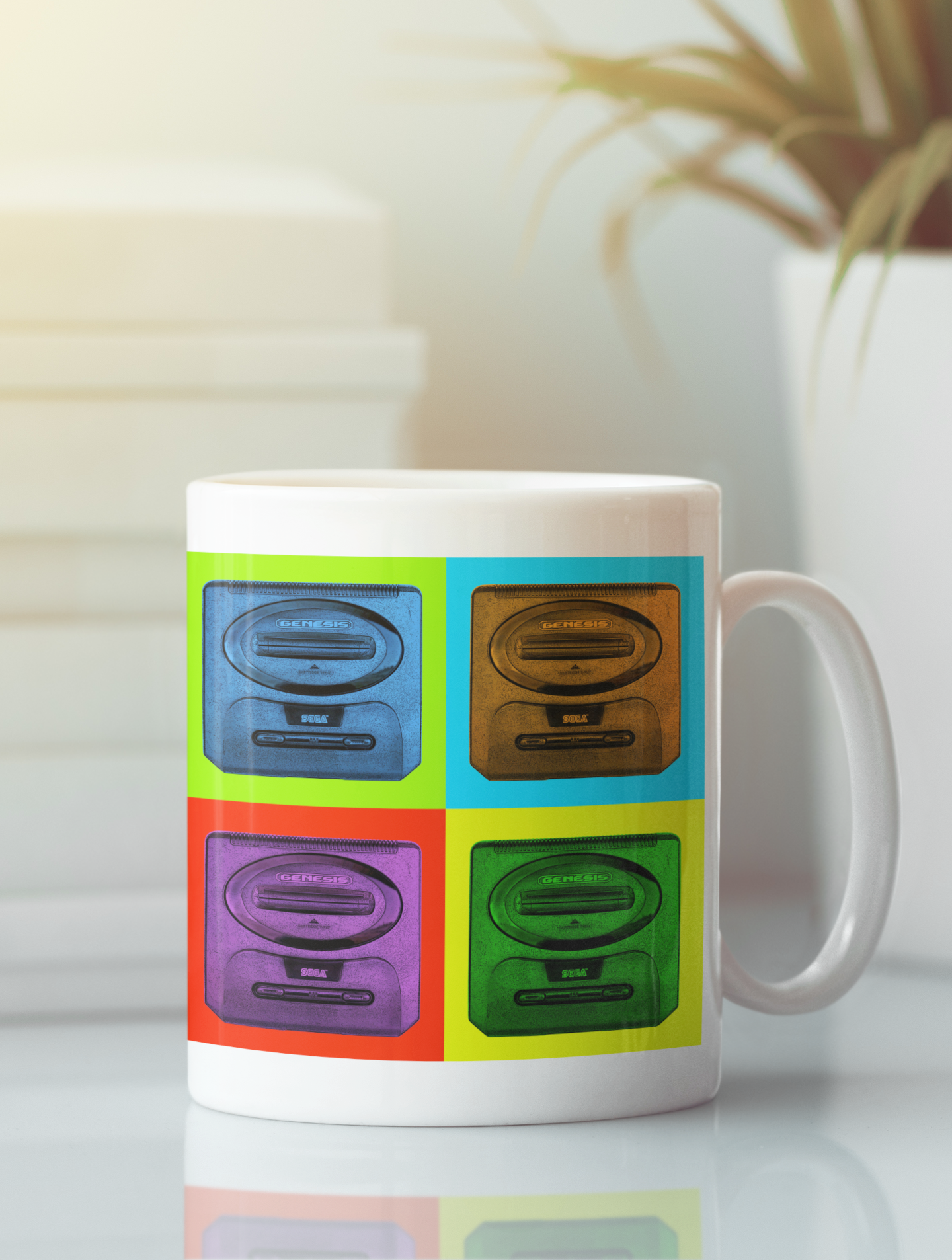 Sega Genesis Modern Pop Art Coffee Mug featuring vibrant pop art design on both sides, ergonomic handle, available in white and black.