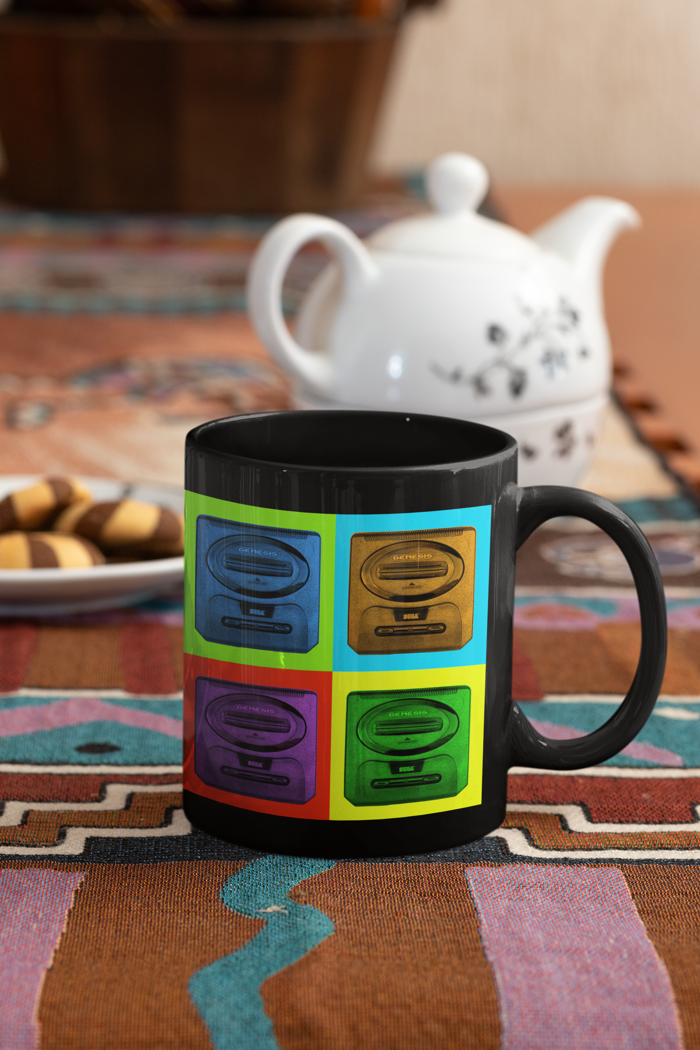 Sega Genesis Modern Pop Art Coffee Mug featuring vibrant pop art design on both sides, ergonomic handle, available in white and black.