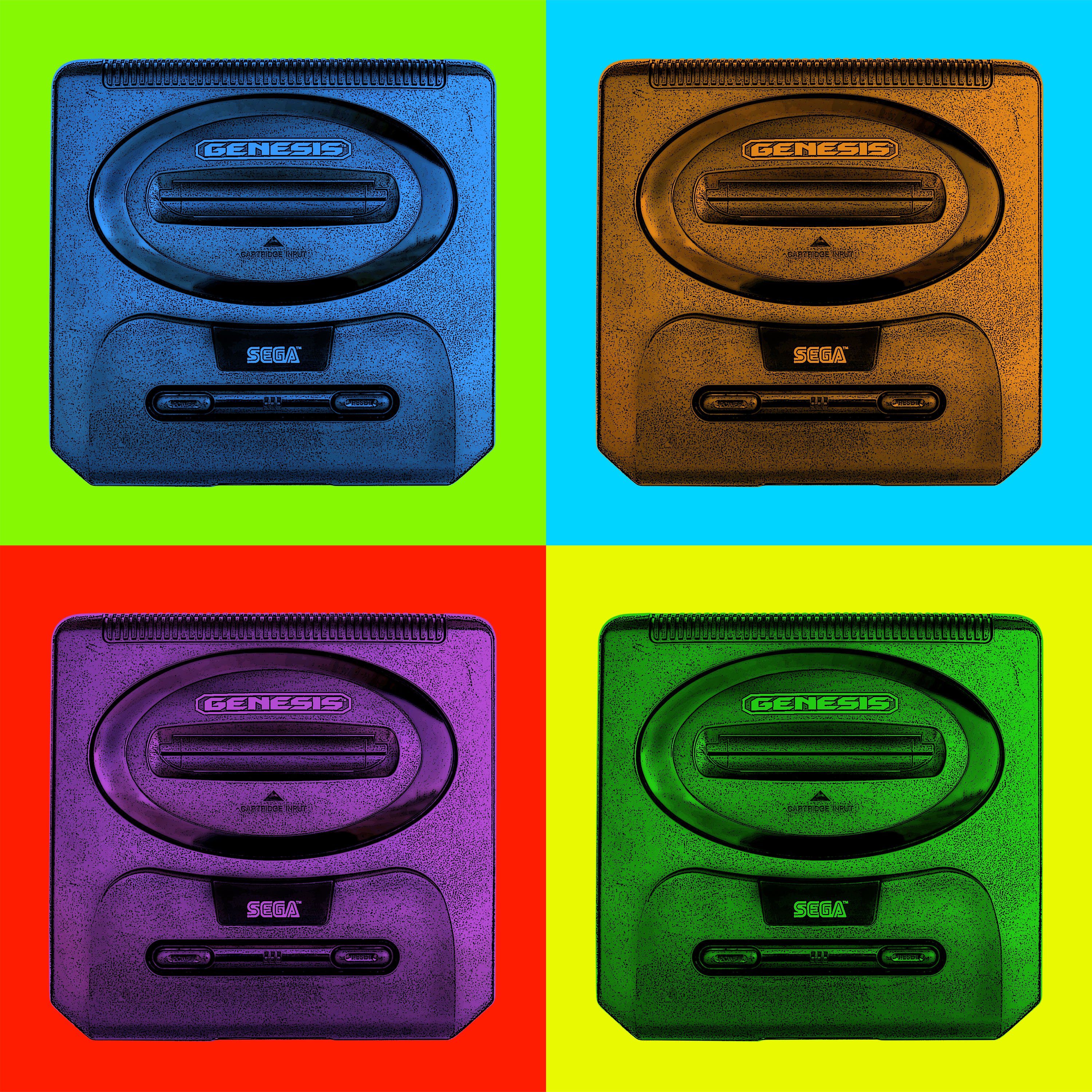 Sega Genesis Modern Pop Art Print featuring vibrant colors and a desaturated background in a 4-panel design.