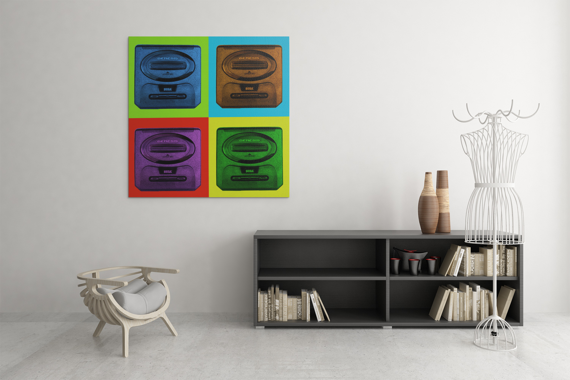 Sega Genesis Modern Pop Art Print featuring vibrant colors and a desaturated background in a 4-panel design.