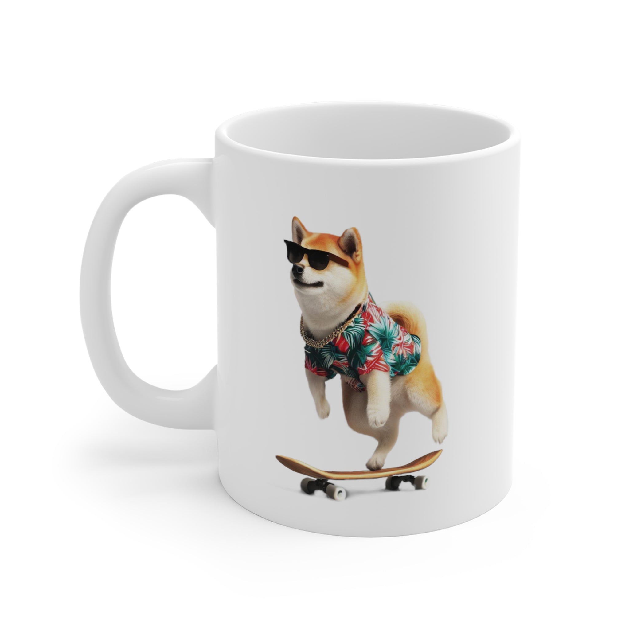 A ceramic mug featuring a Shiba Inu in a Hawaiian shirt, perfect for coffee or tea.