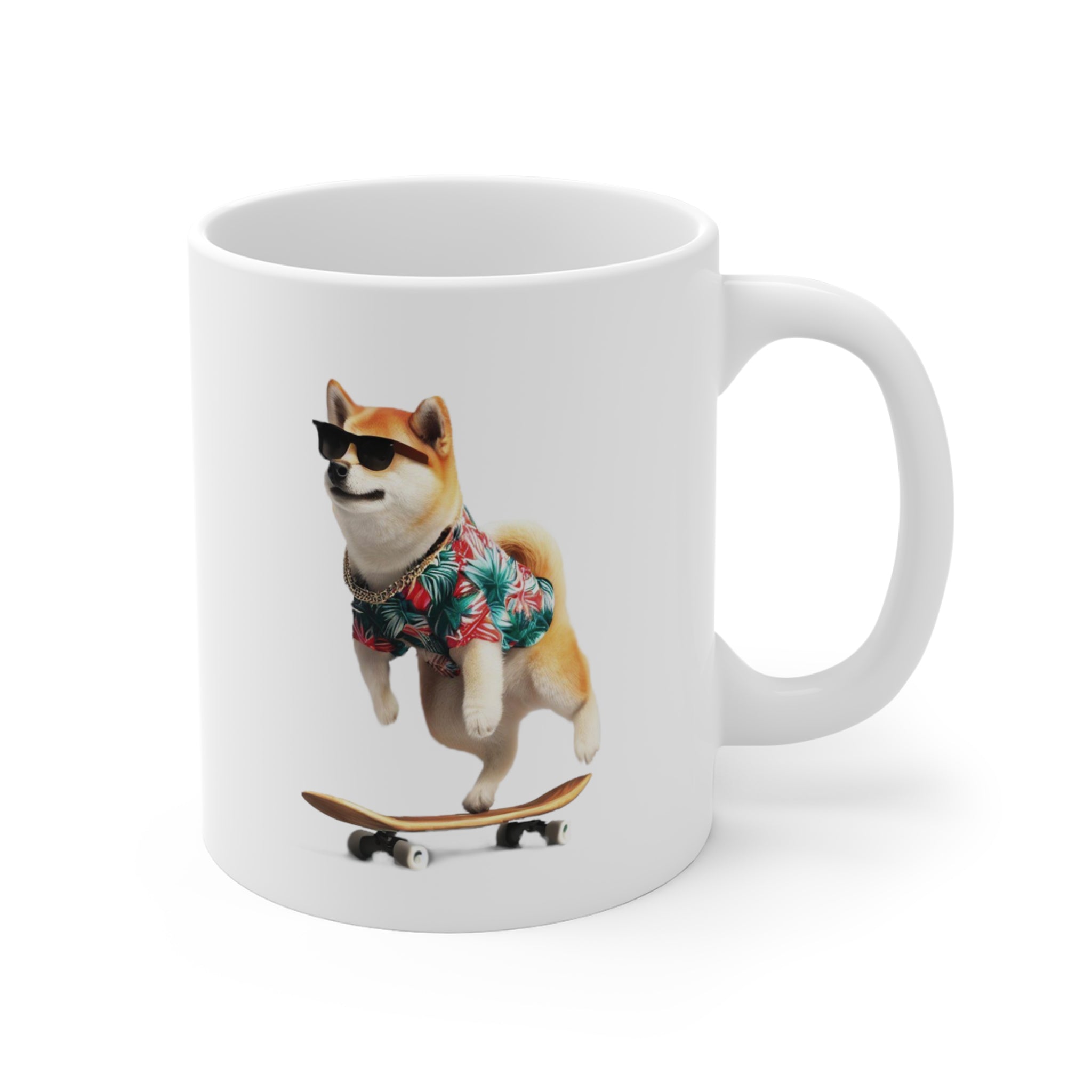 A ceramic mug featuring a Shiba Inu in a Hawaiian shirt, perfect for coffee or tea.