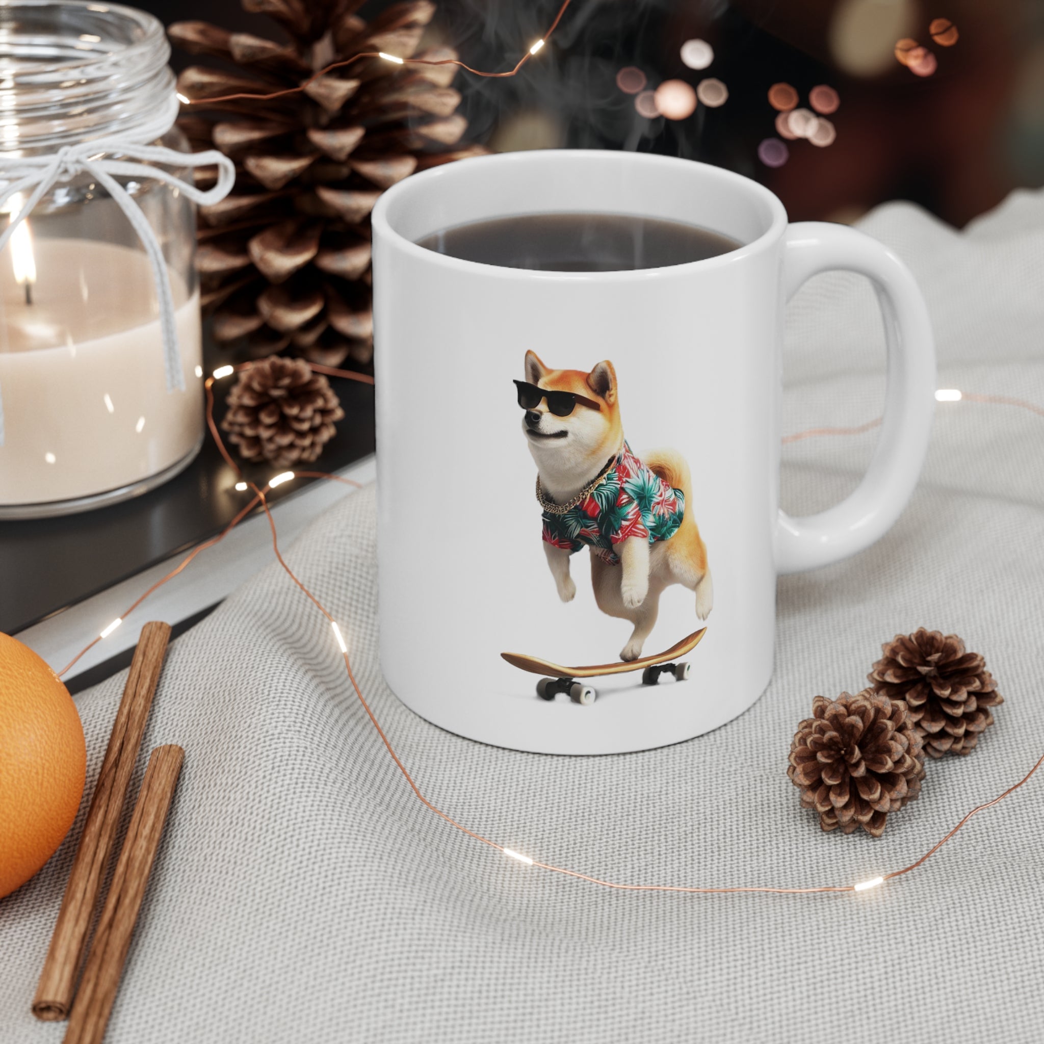 A ceramic mug featuring a Shiba Inu in a Hawaiian shirt, perfect for coffee or tea.