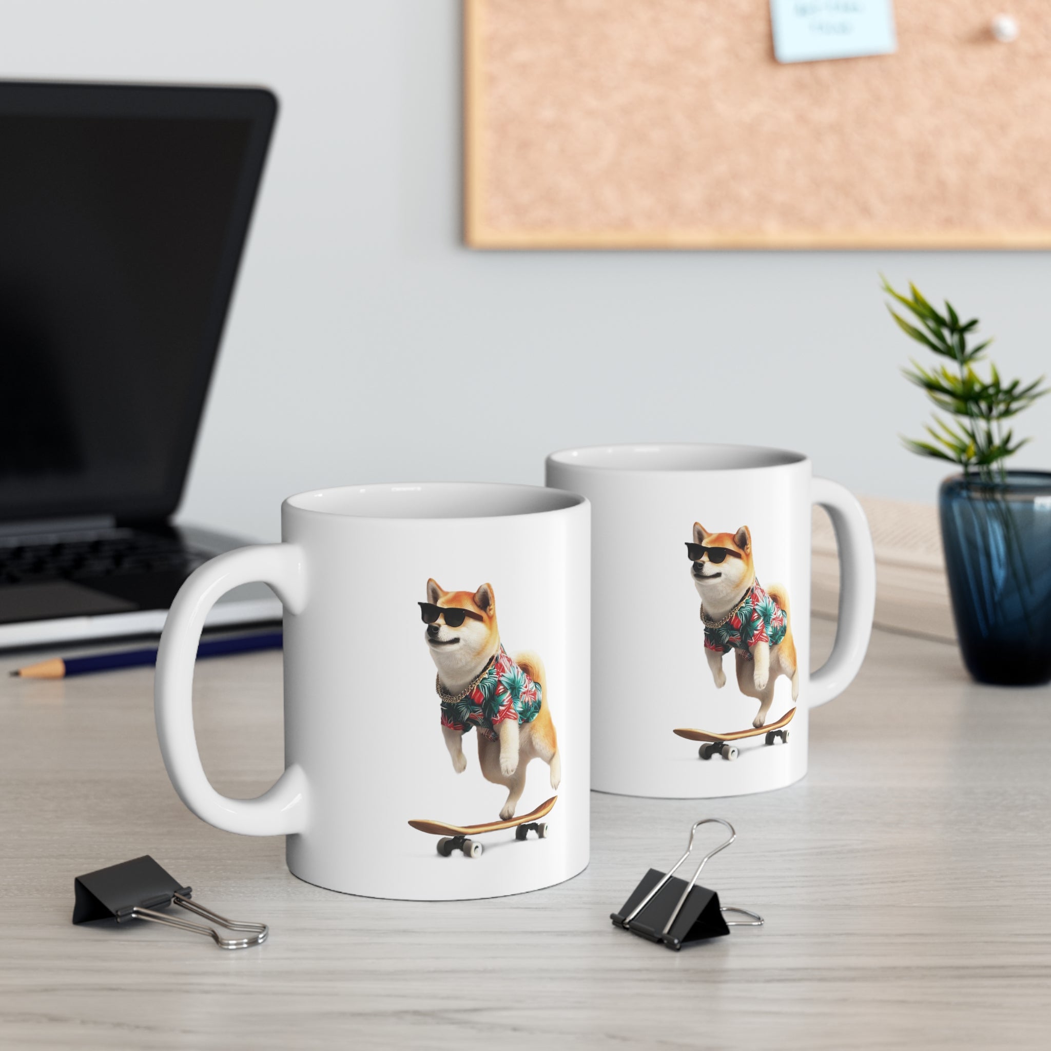 A ceramic mug featuring a Shiba Inu in a Hawaiian shirt, perfect for coffee or tea.