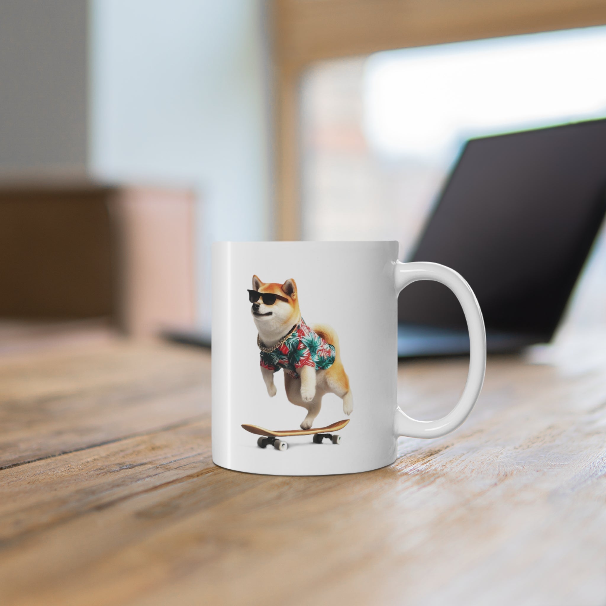 A ceramic mug featuring a Shiba Inu in a Hawaiian shirt, perfect for coffee or tea.