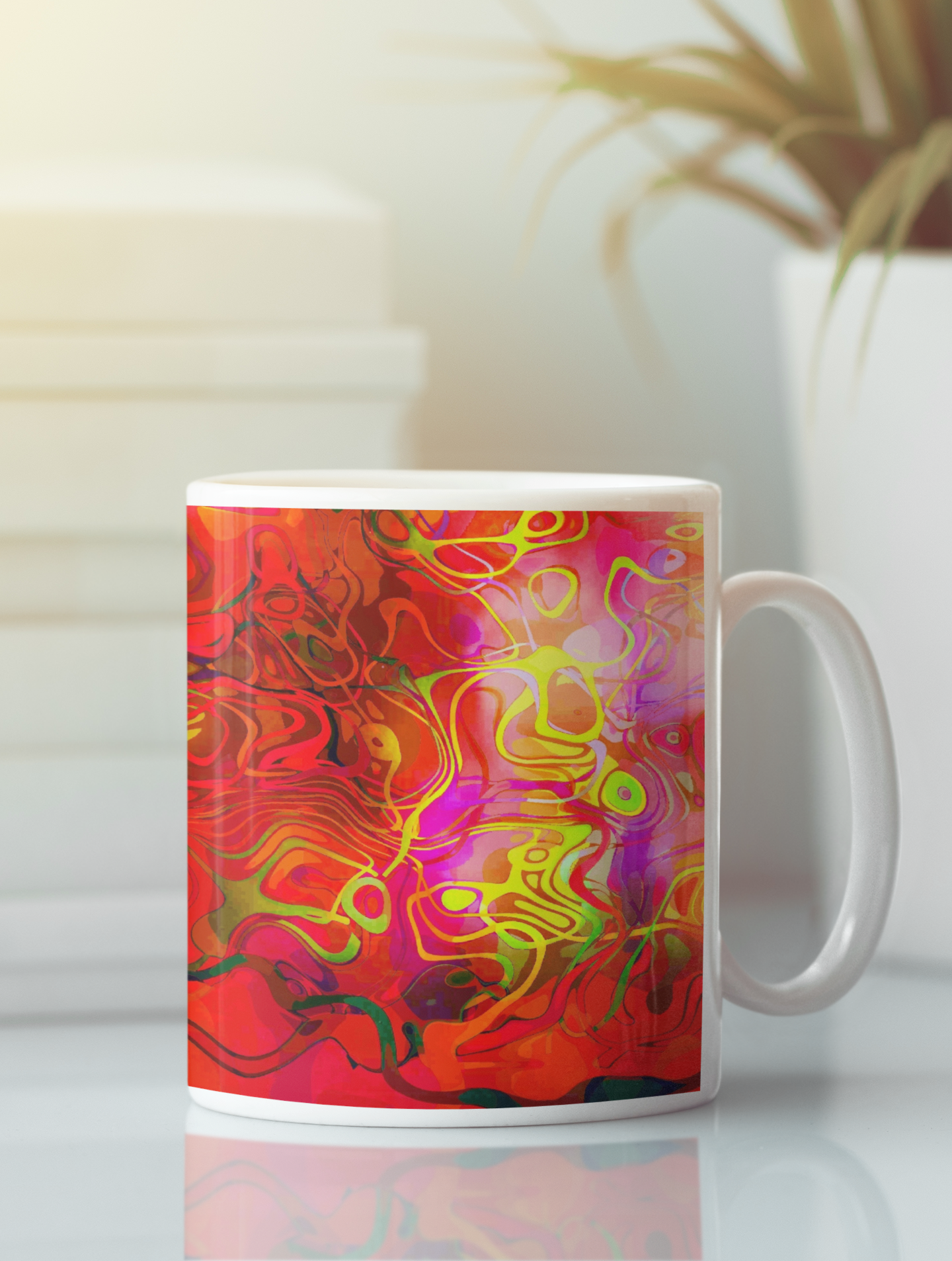 Spaghetti Betty Abstract Pop Art Coffee Mug featuring colorful abstract design on a white ceramic surface, perfect for coffee or tea.