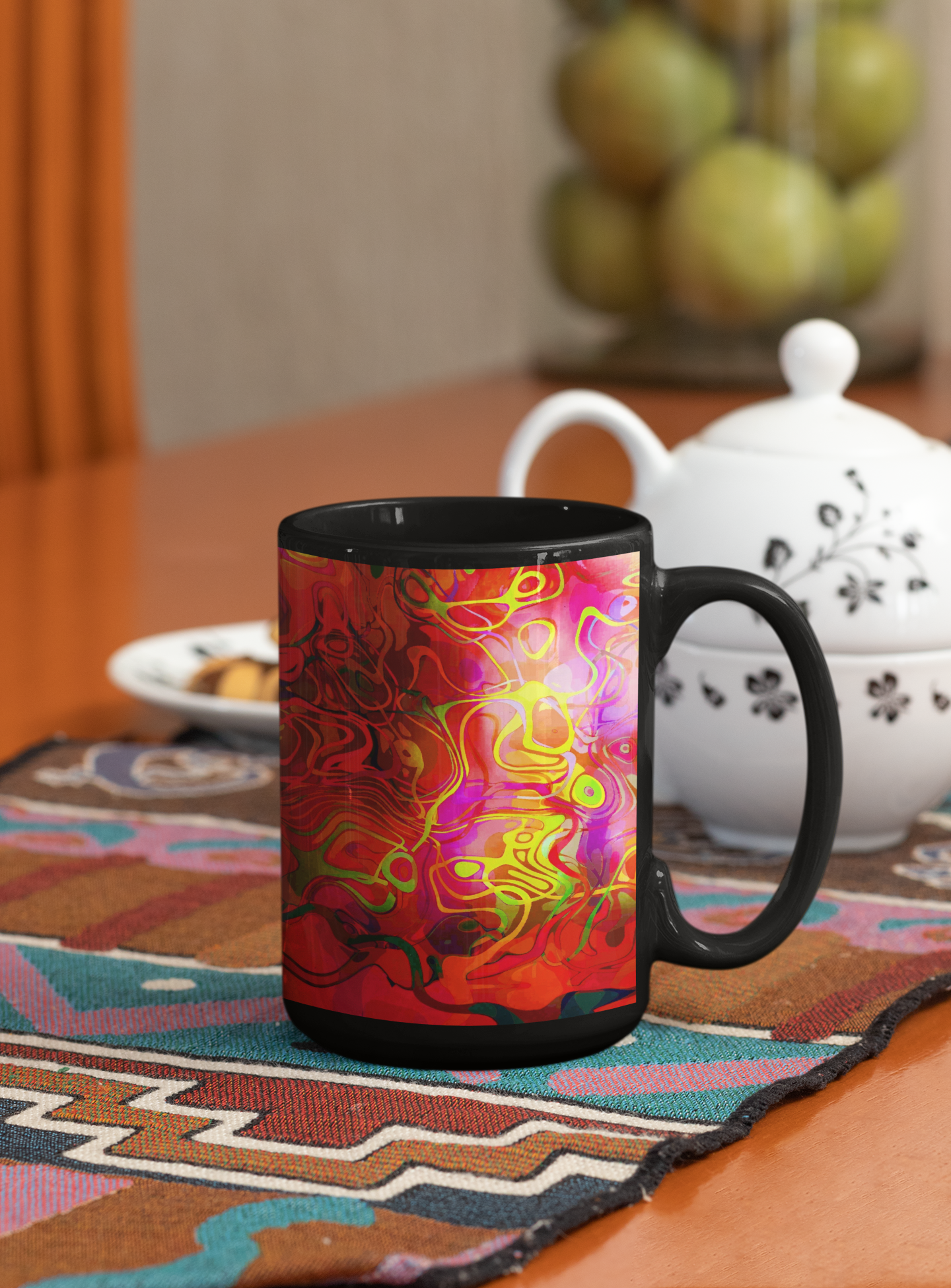 Spaghetti Betty Abstract Pop Art Coffee Mug featuring colorful abstract design on a white ceramic surface, perfect for coffee or tea.