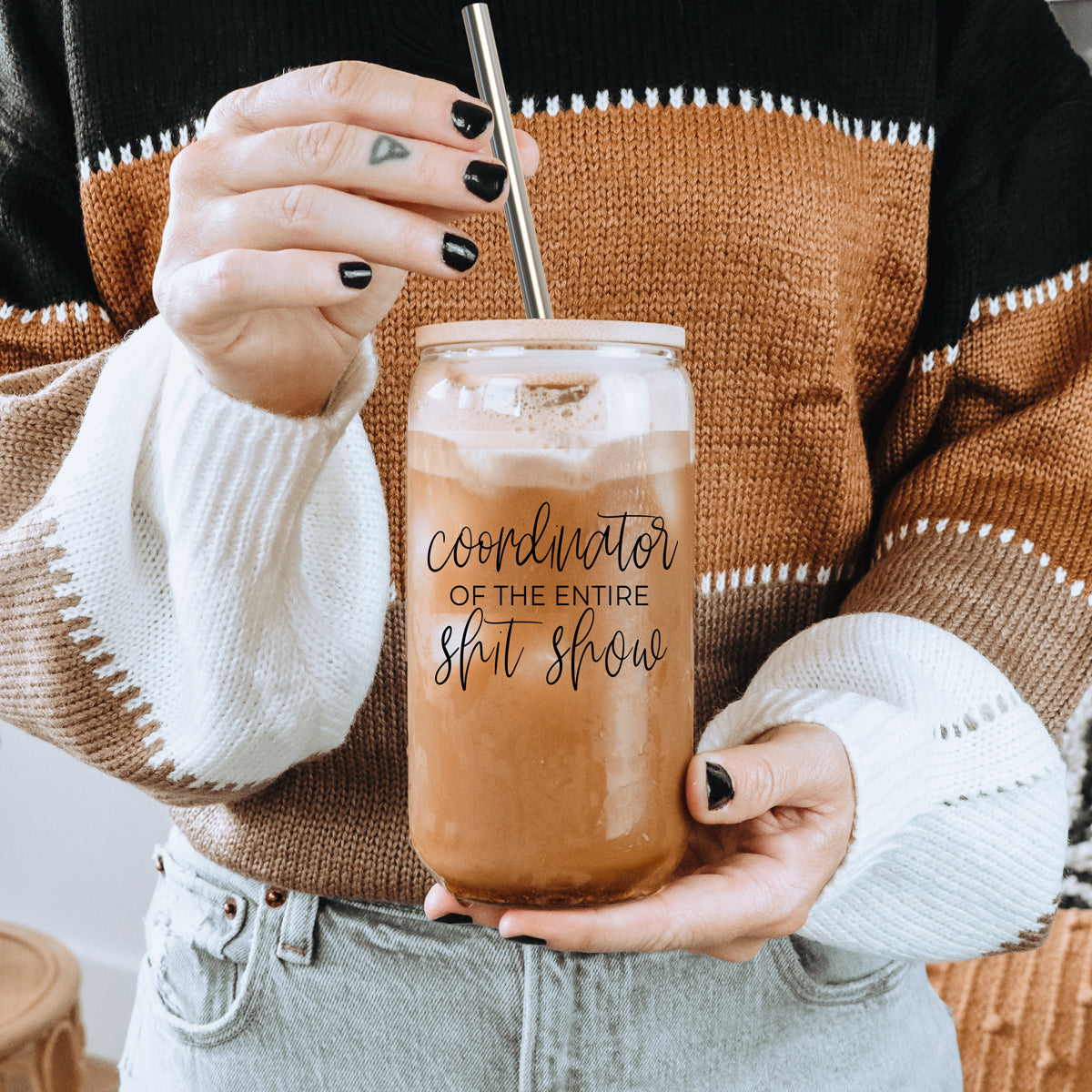 S**t Show Coordinator Set featuring glass cups with bamboo lids and stainless steel straws, perfect for various beverages.