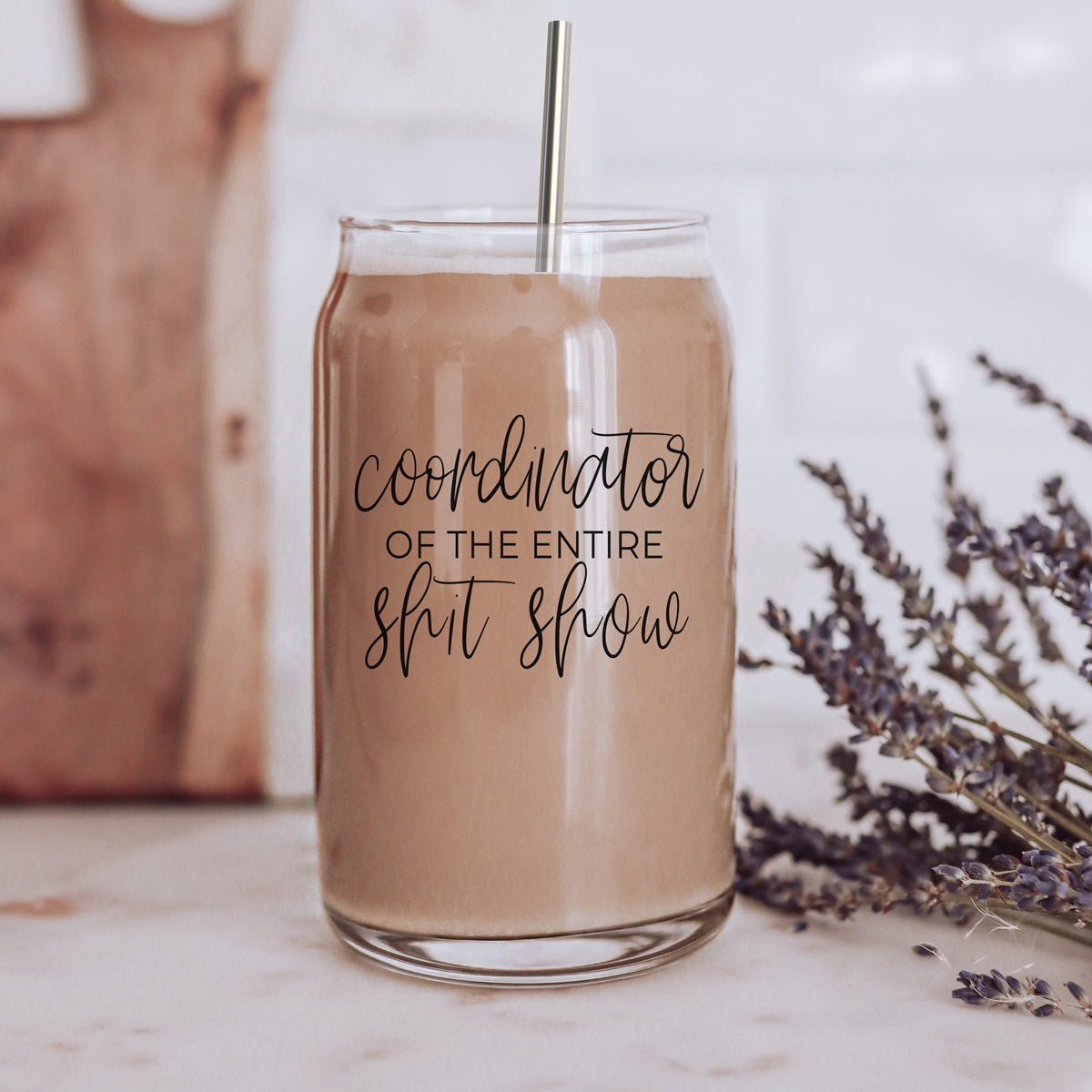 S**t Show Coordinator Set featuring glass cups with bamboo lids and stainless steel straws, perfect for various beverages.