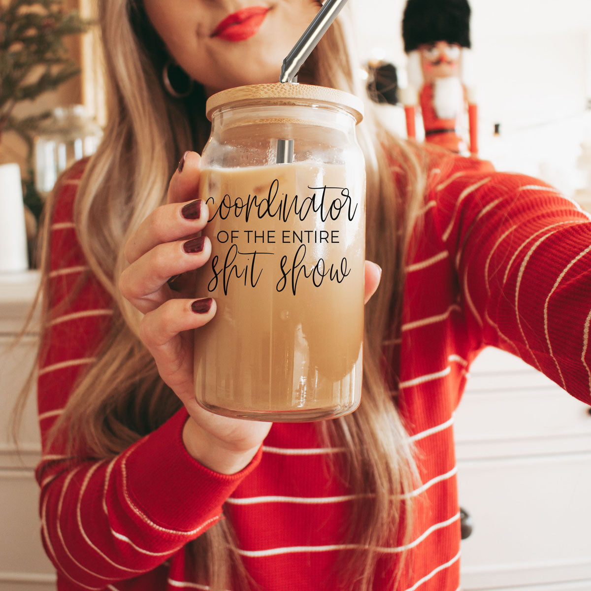 S**t Show Coordinator Set featuring glass cups with bamboo lids and stainless steel straws, perfect for various beverages.