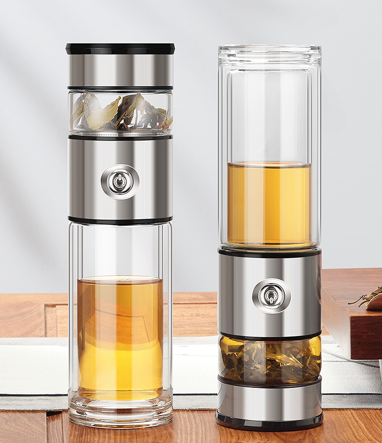 Stainless Steel Thermo Cup with tea-water separation design, showcasing its sleek and modern appearance.