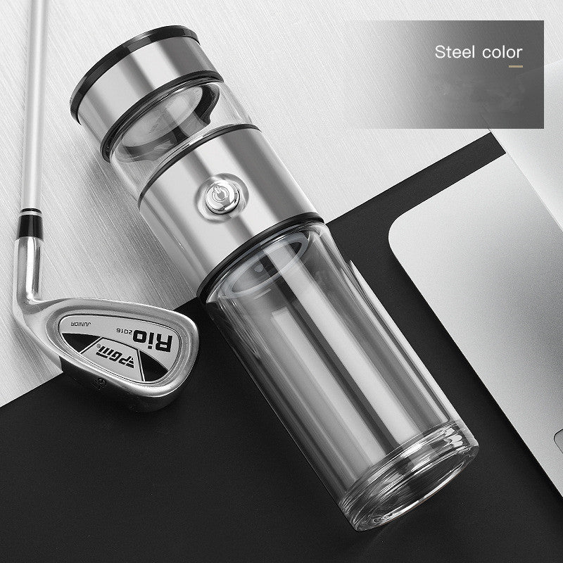 Stainless Steel Thermo Cup with tea-water separation design, showcasing its sleek and modern appearance.