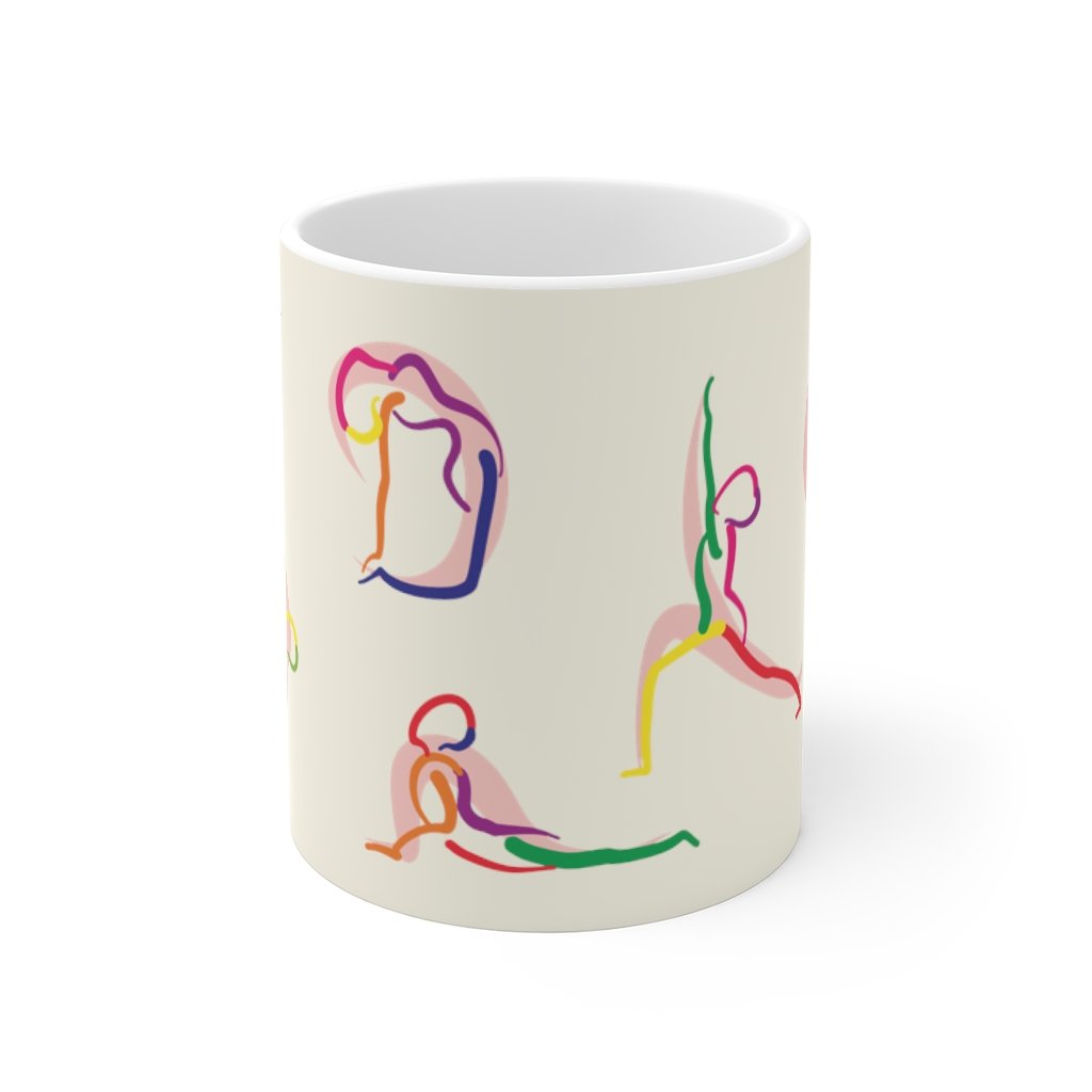 A white ceramic coffee mug featuring stick figure yoga poses, perfect for coffee, tea, or hot chocolate.