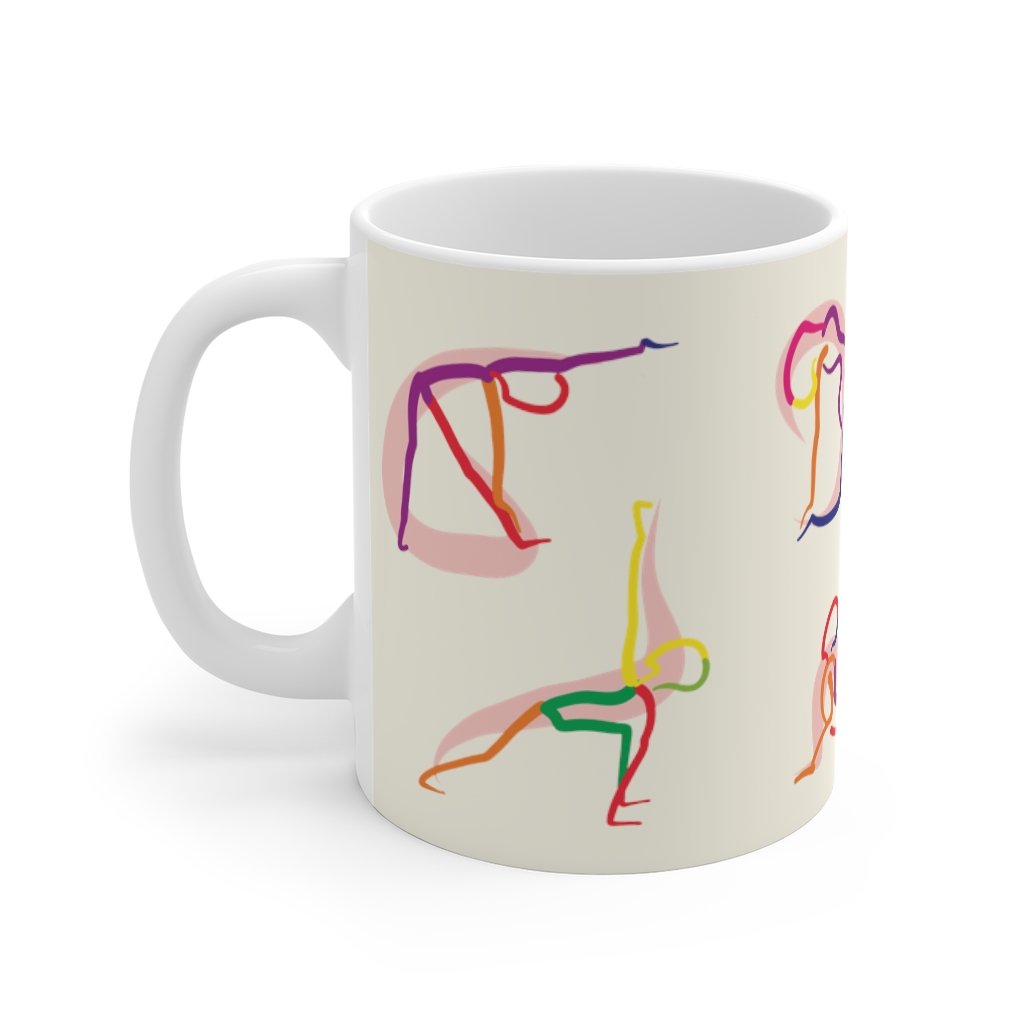 A white ceramic coffee mug featuring stick figure yoga poses, perfect for coffee, tea, or hot chocolate.