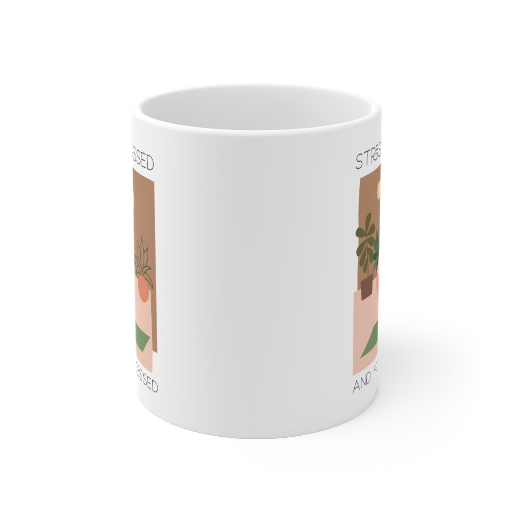 Stressed, Blessed and Yoga Obsessed Mug in white ceramic with a C-Handle, perfect for coffee and tea.