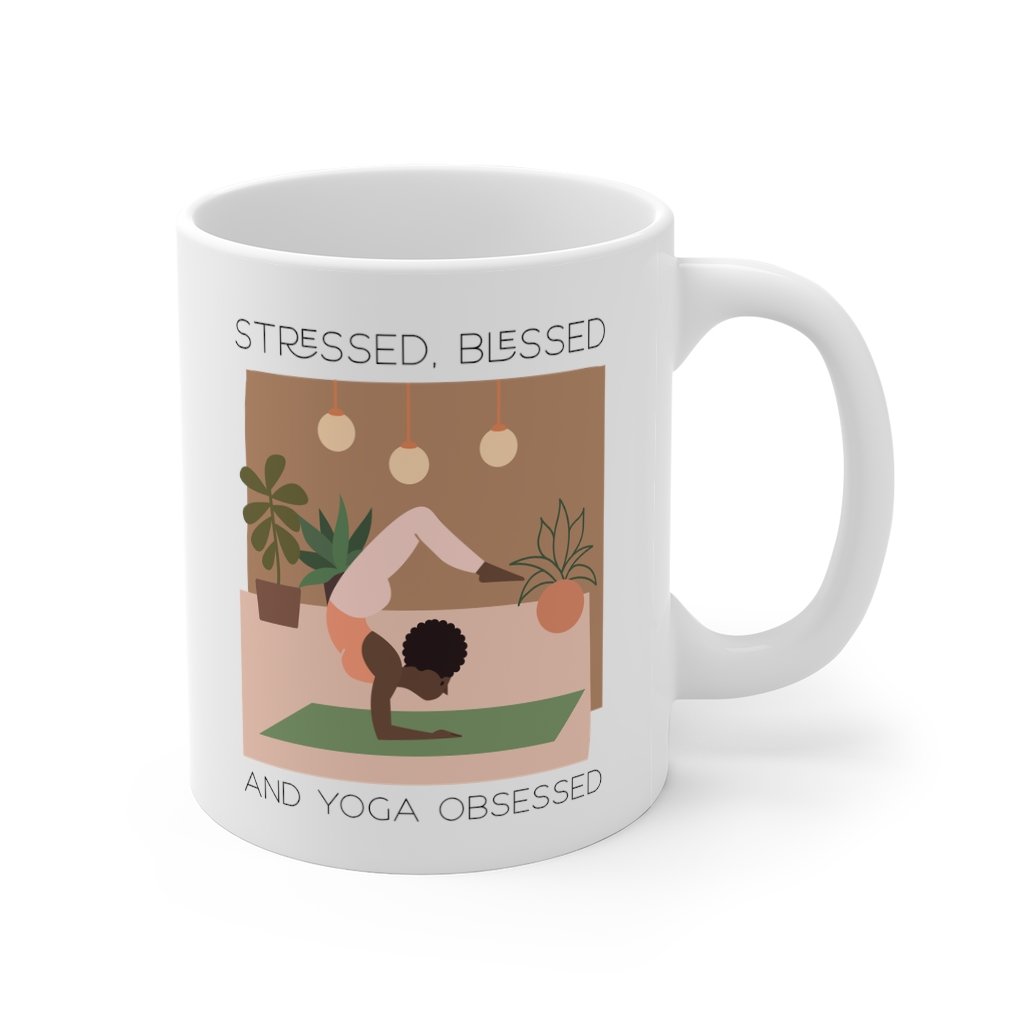 Stressed, Blessed and Yoga Obsessed Mug in white ceramic with a C-Handle, perfect for coffee and tea.