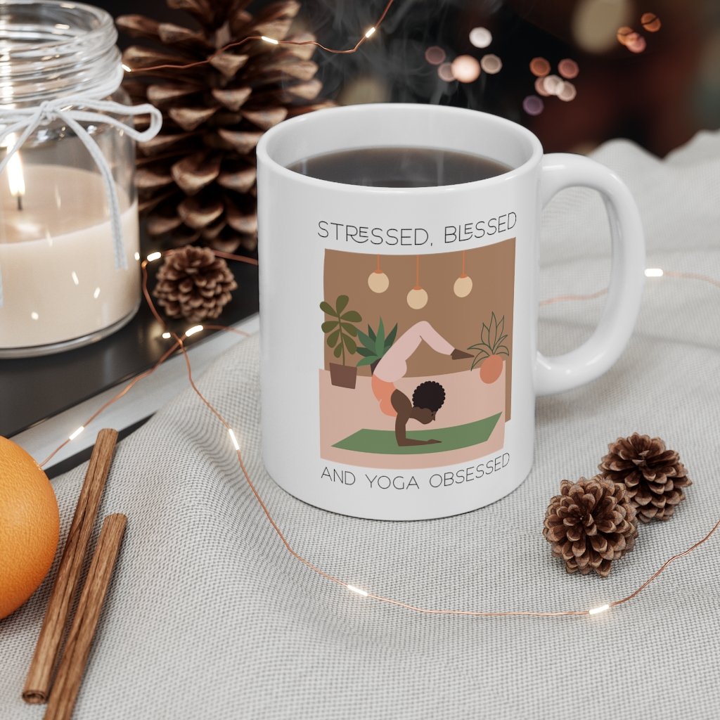 Stressed, Blessed and Yoga Obsessed Mug in white ceramic with a C-Handle, perfect for coffee and tea.