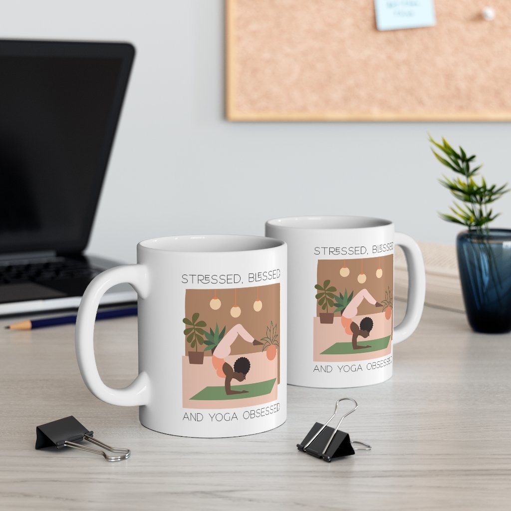 Stressed, Blessed and Yoga Obsessed Mug in white ceramic with a C-Handle, perfect for coffee and tea.