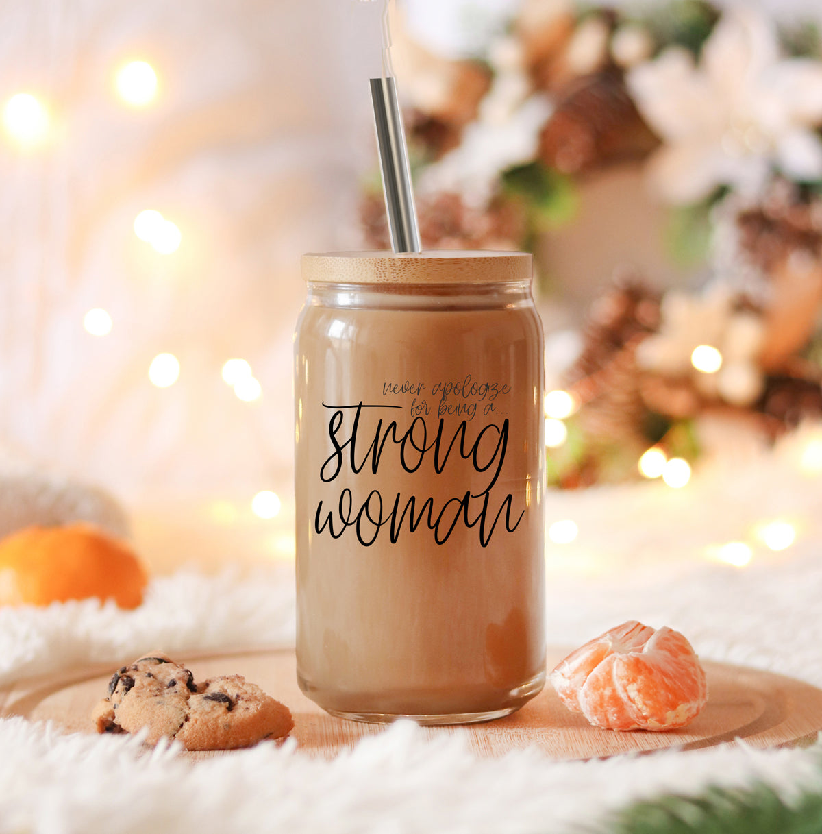 Strong Woman Set featuring glass drinking cups with bamboo lids and stainless steel straws, showcasing a stylish black graphic design.