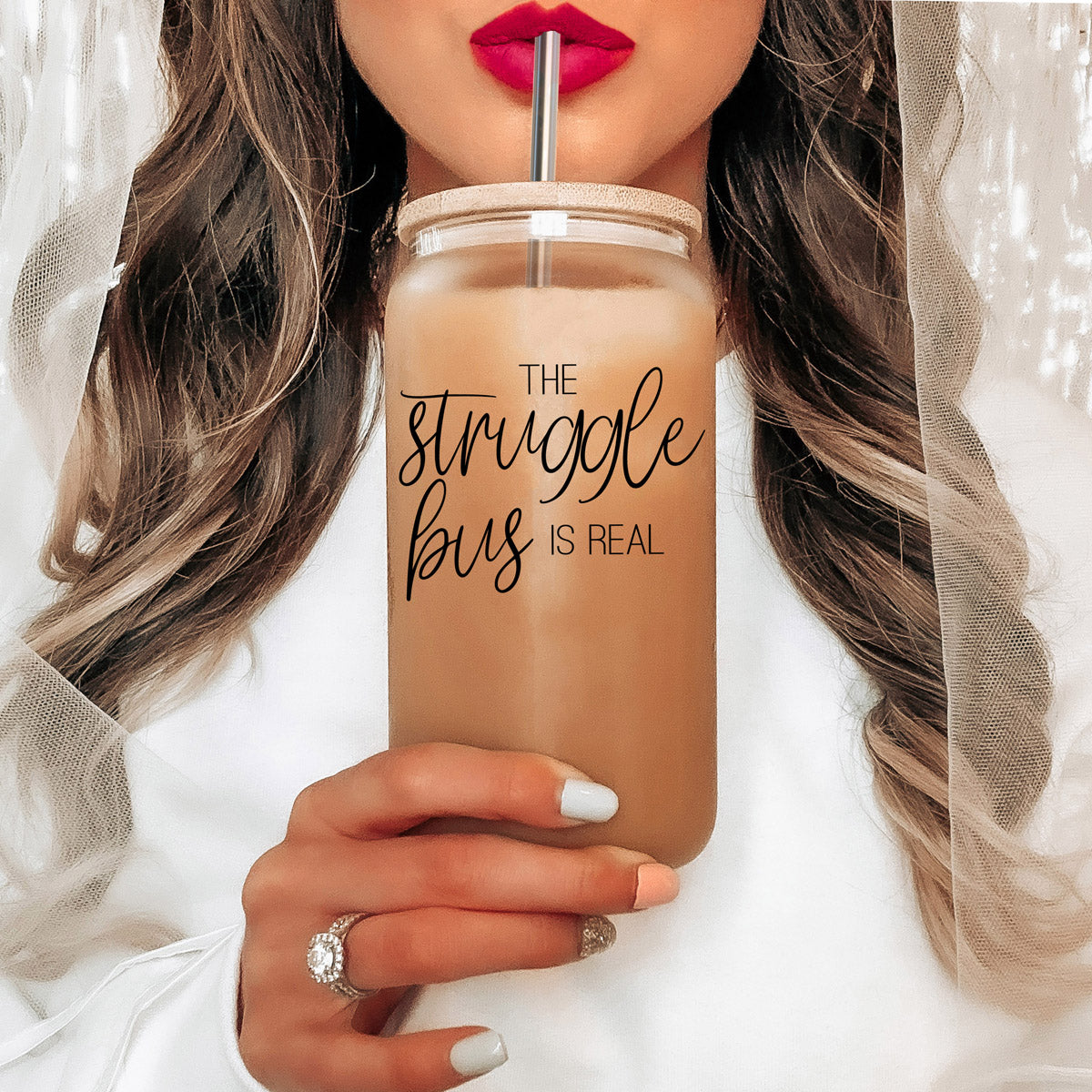 Struggle Bus Set featuring glass drinking cups with bamboo lids and stainless steel straws, ideal for various beverages.