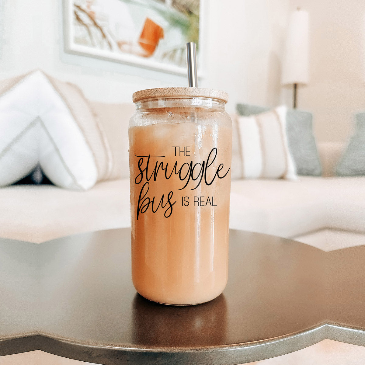 Struggle Bus Set featuring glass drinking cups with bamboo lids and stainless steel straws, ideal for various beverages.