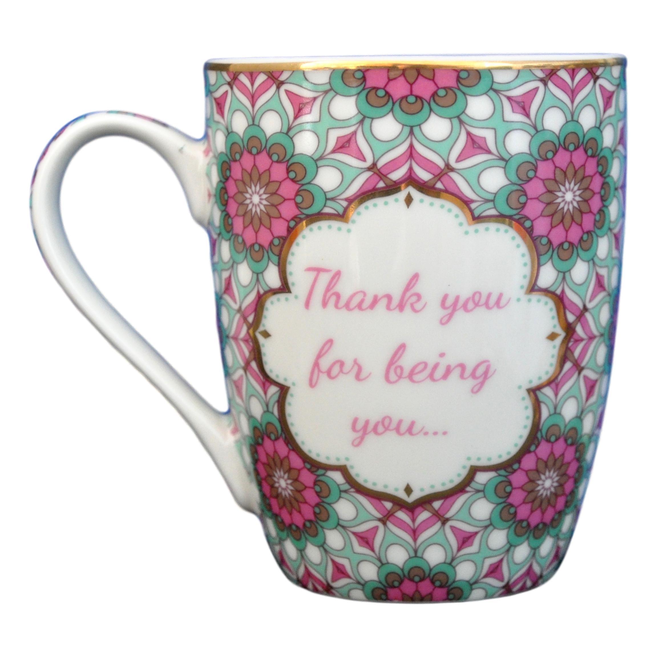 Elegant bone china mug with gold edging featuring the words 'Thank you for being you...' in a round gift box.