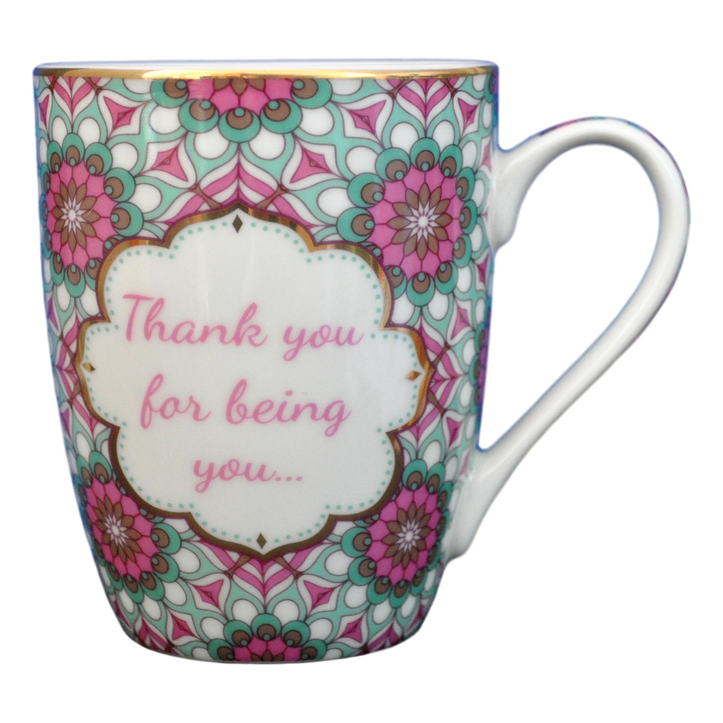 Elegant bone china mug with gold edging featuring the words 'Thank you for being you...' in a round gift box.