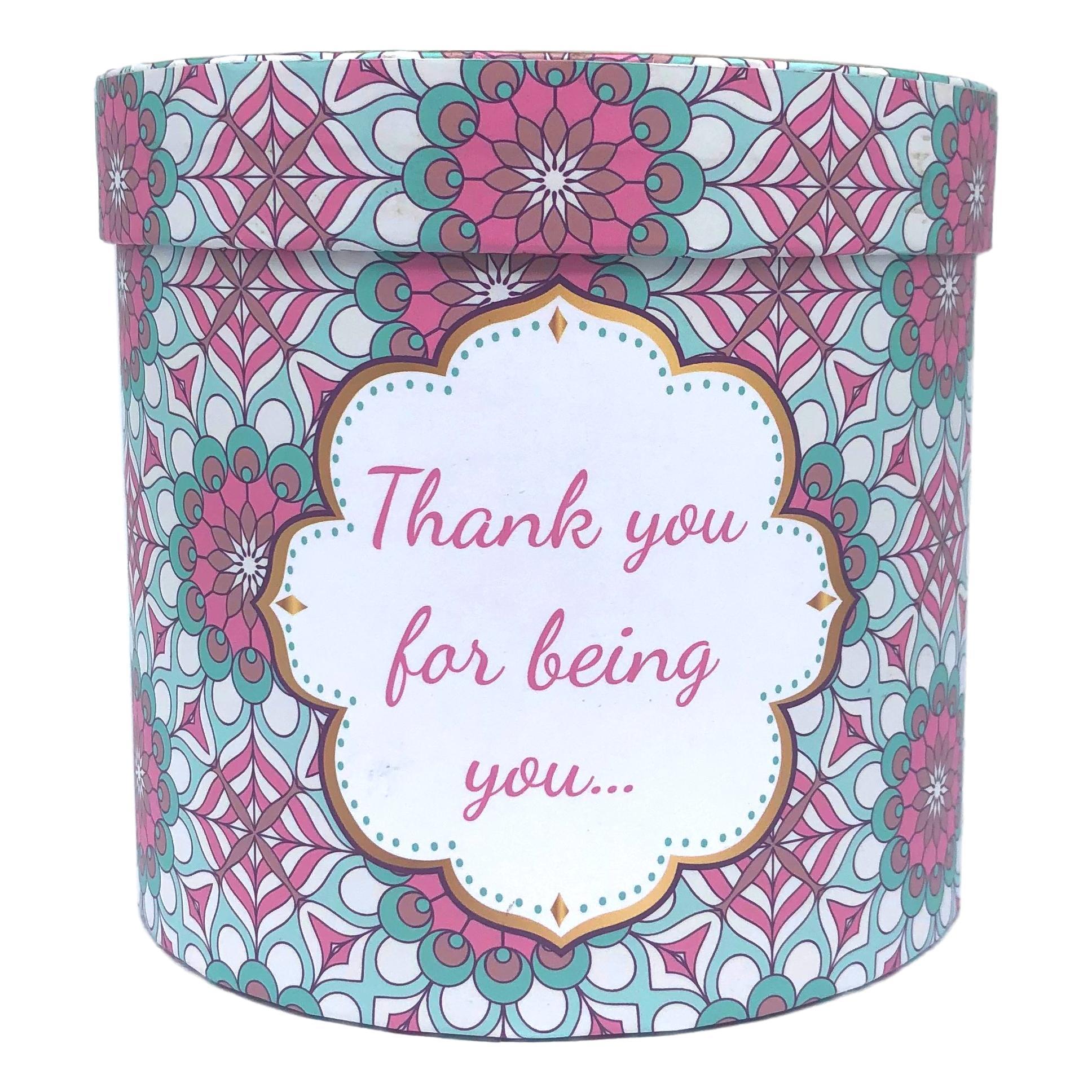 Elegant bone china mug with gold edging featuring the words 'Thank you for being you...' in a round gift box.