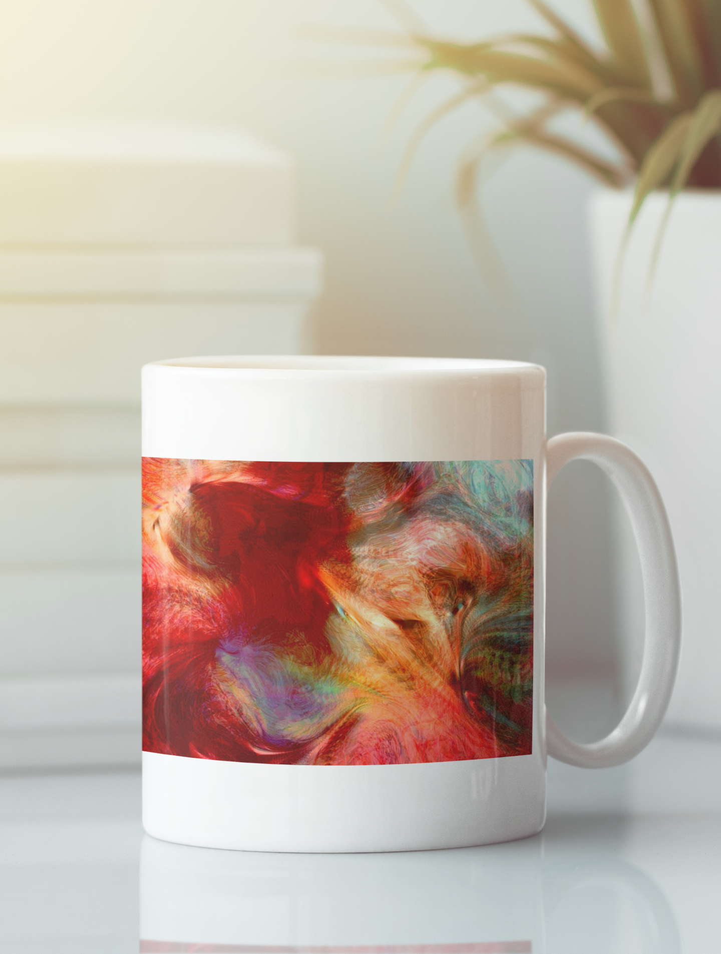 The Norsemen Abstract Pop Art Coffee Mug featuring vibrant abstract design, ergonomic handle, available in white and black colors.