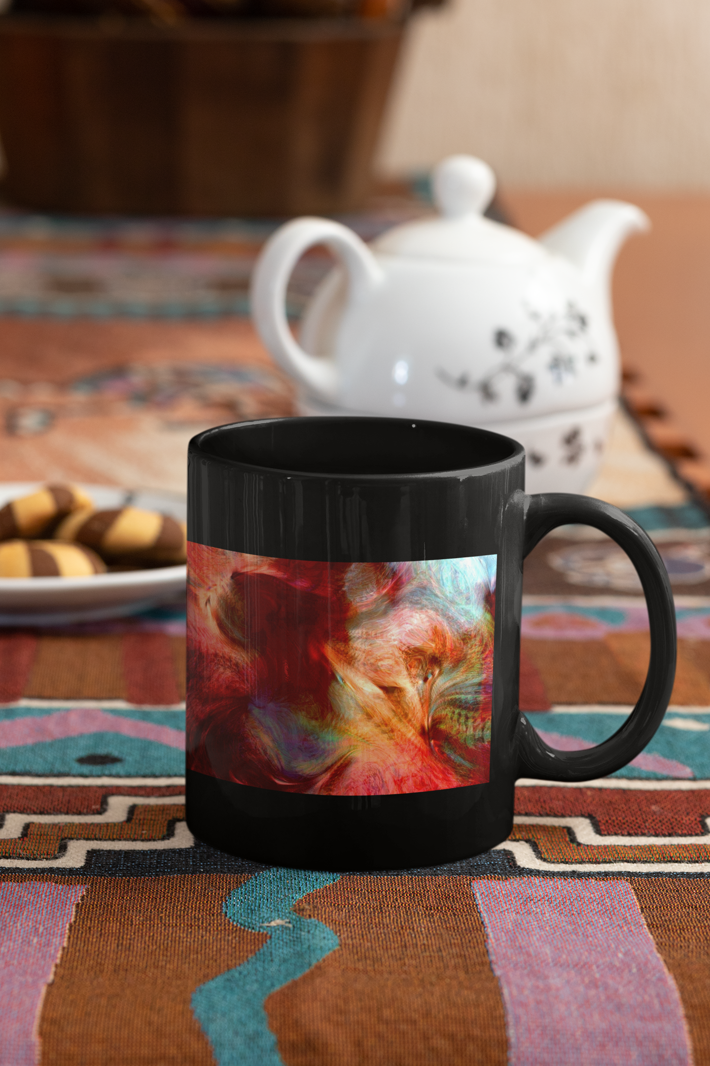 The Norsemen Abstract Pop Art Coffee Mug featuring vibrant abstract design, ergonomic handle, available in white and black colors.