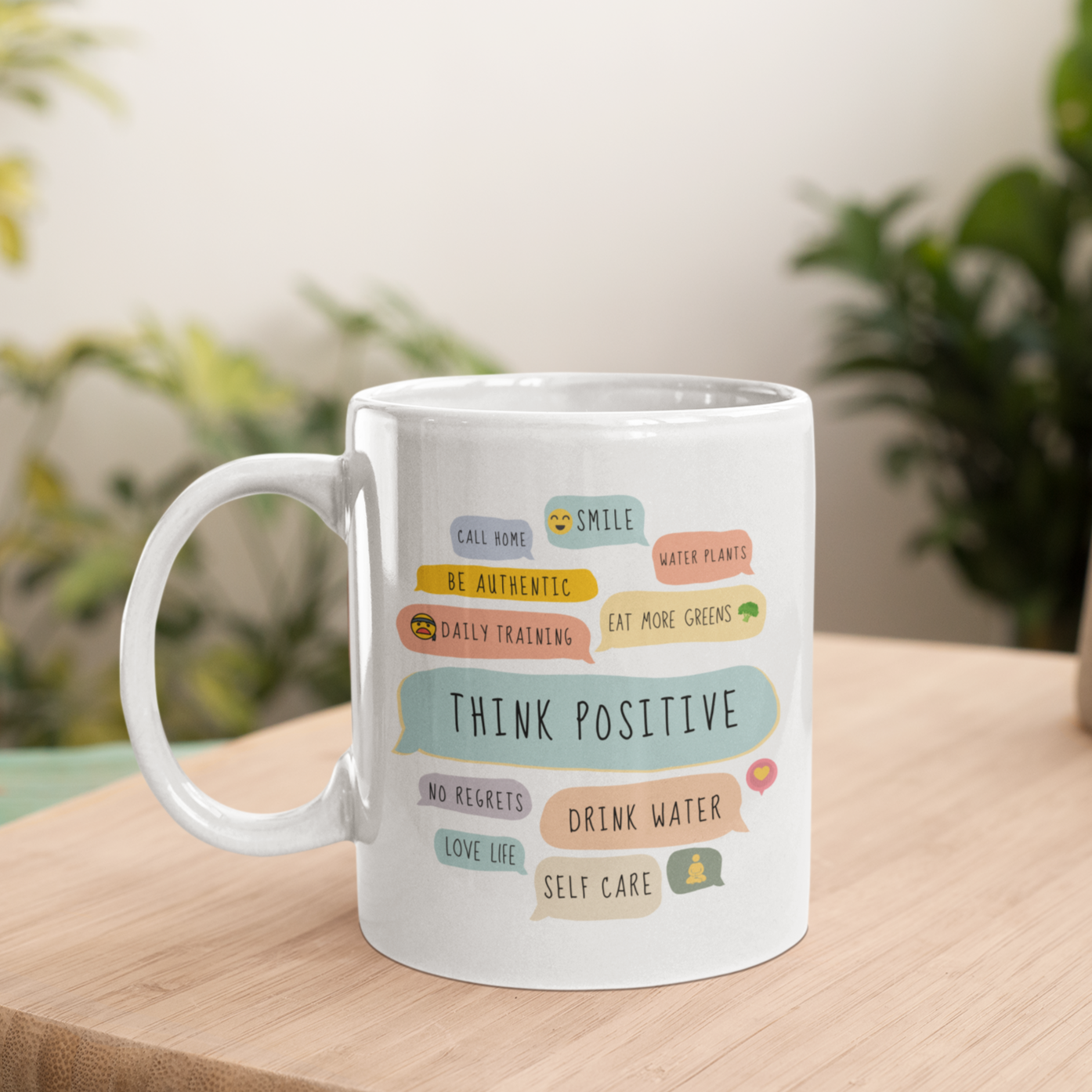 A white ceramic mug featuring positive quotes, perfect for coffee and tea lovers, showcasing its durable design and 11-ounce capacity.