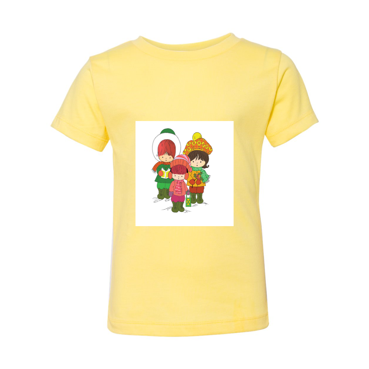 A toddler wearing a short sleeve tee featuring three cheerful Christmas carolers, perfect for holiday celebrations.