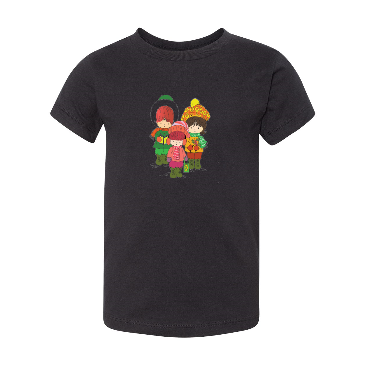 A toddler wearing a short sleeve tee featuring three cheerful Christmas carolers, perfect for holiday celebrations.