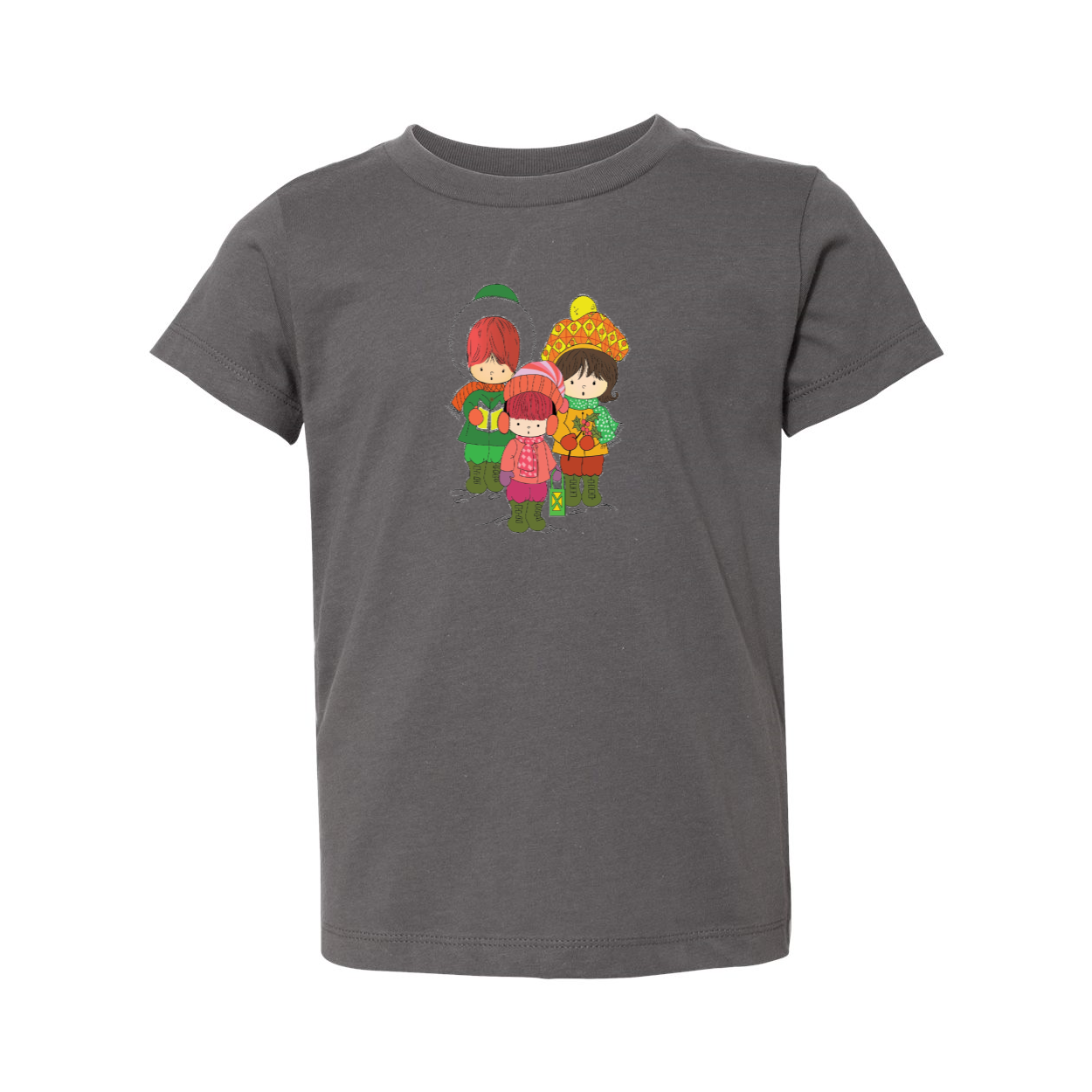 A toddler wearing a short sleeve tee featuring three cheerful Christmas carolers, perfect for holiday celebrations.