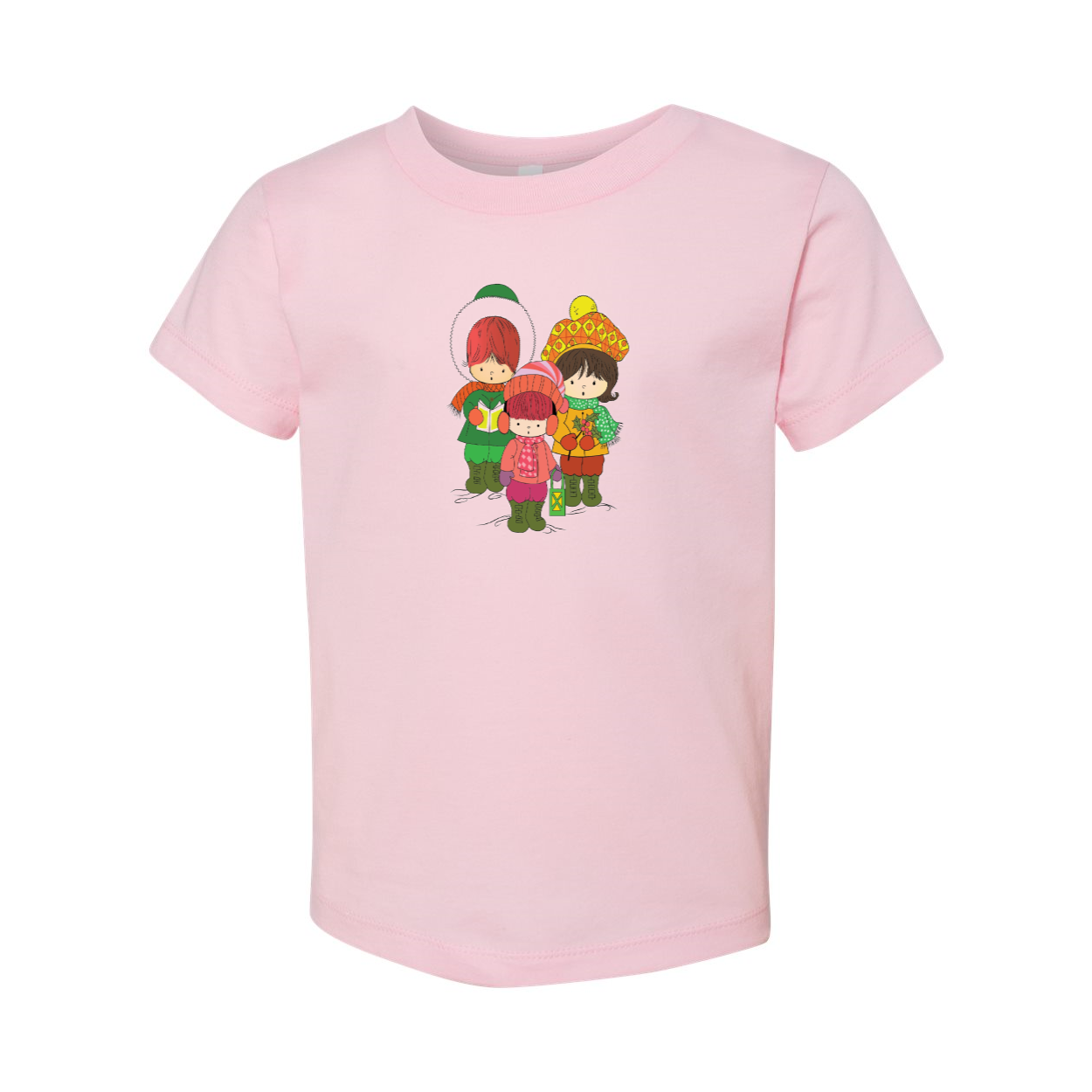 A toddler wearing a short sleeve tee featuring three cheerful Christmas carolers, perfect for holiday celebrations.