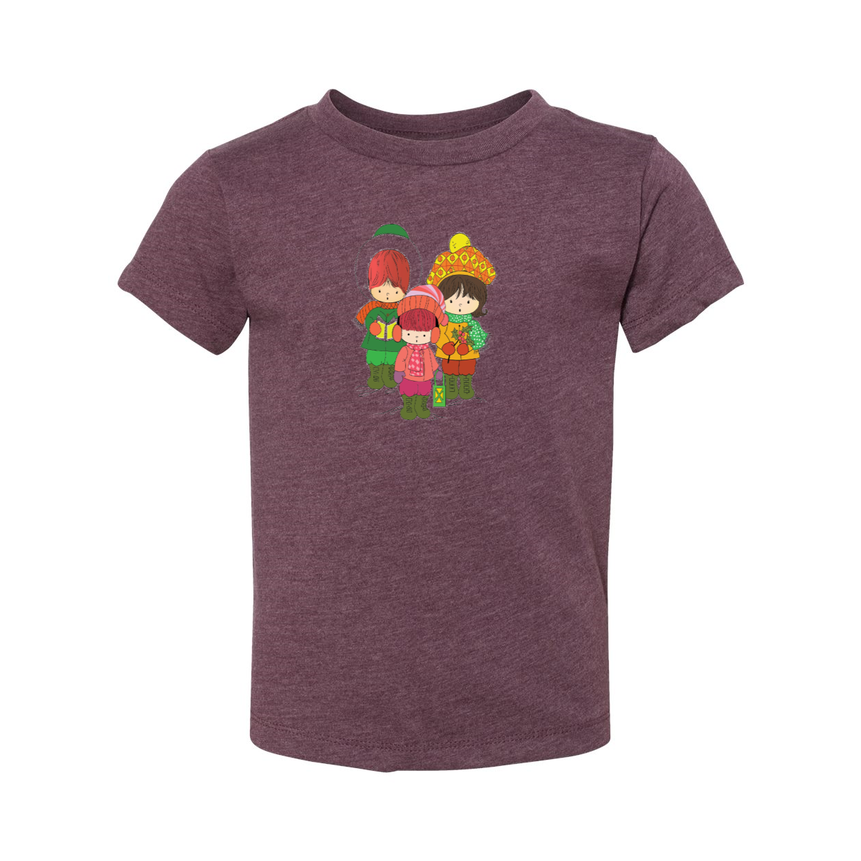 A toddler wearing a short sleeve tee featuring three cheerful Christmas carolers, perfect for holiday celebrations.