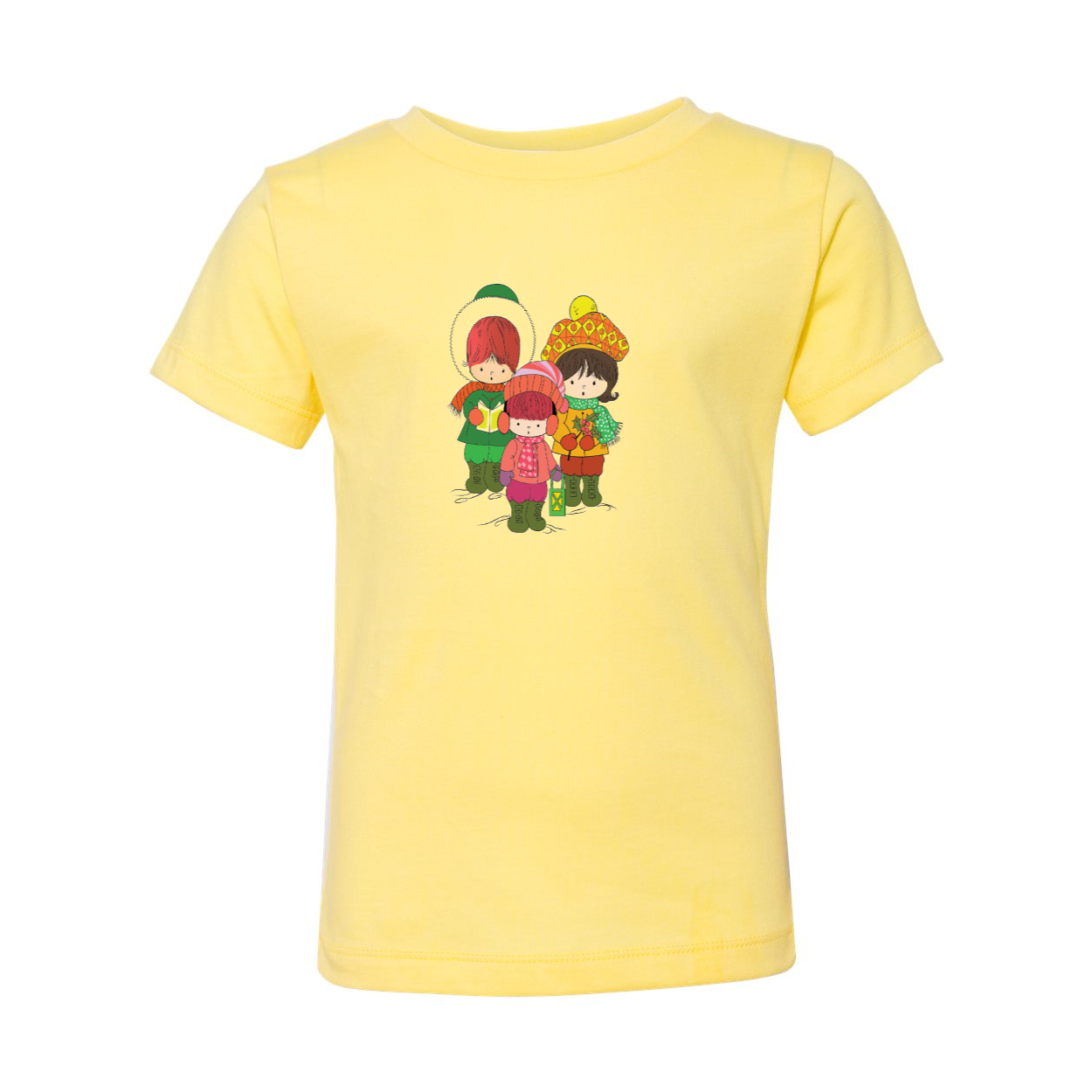 A toddler wearing a short sleeve tee featuring three cheerful Christmas carolers, perfect for holiday celebrations.