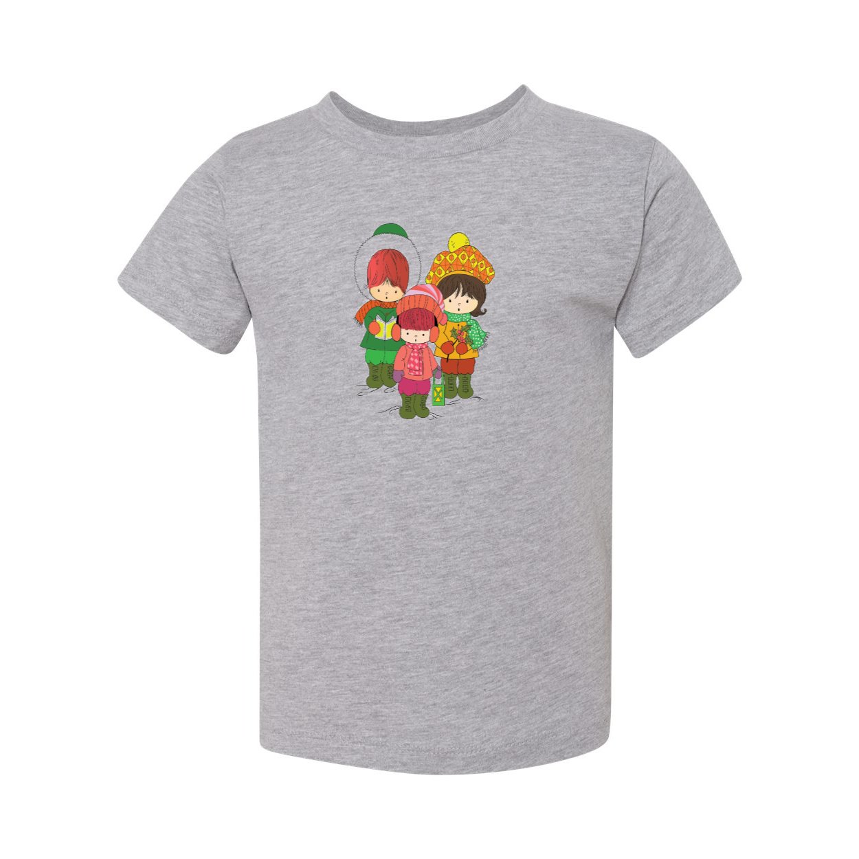 A toddler wearing a short sleeve tee featuring three cheerful Christmas carolers, perfect for holiday celebrations.