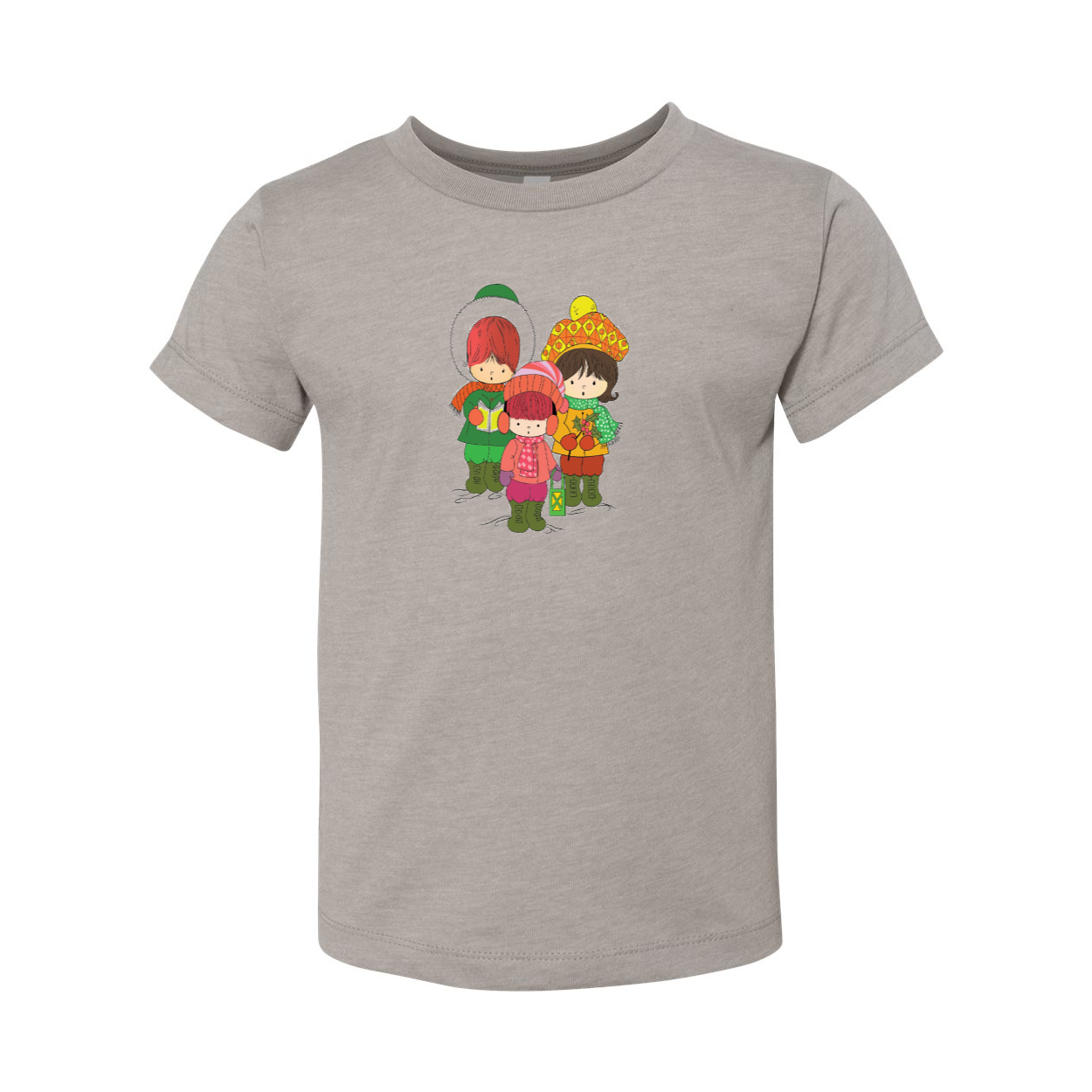 A toddler wearing a short sleeve tee featuring three cheerful Christmas carolers, perfect for holiday celebrations.