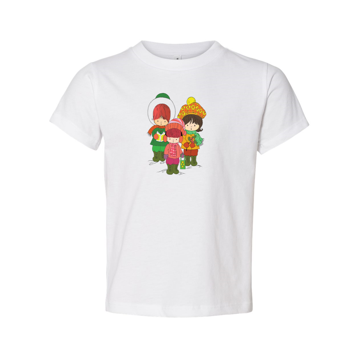 A toddler wearing a short sleeve tee featuring three cheerful Christmas carolers, perfect for holiday celebrations.