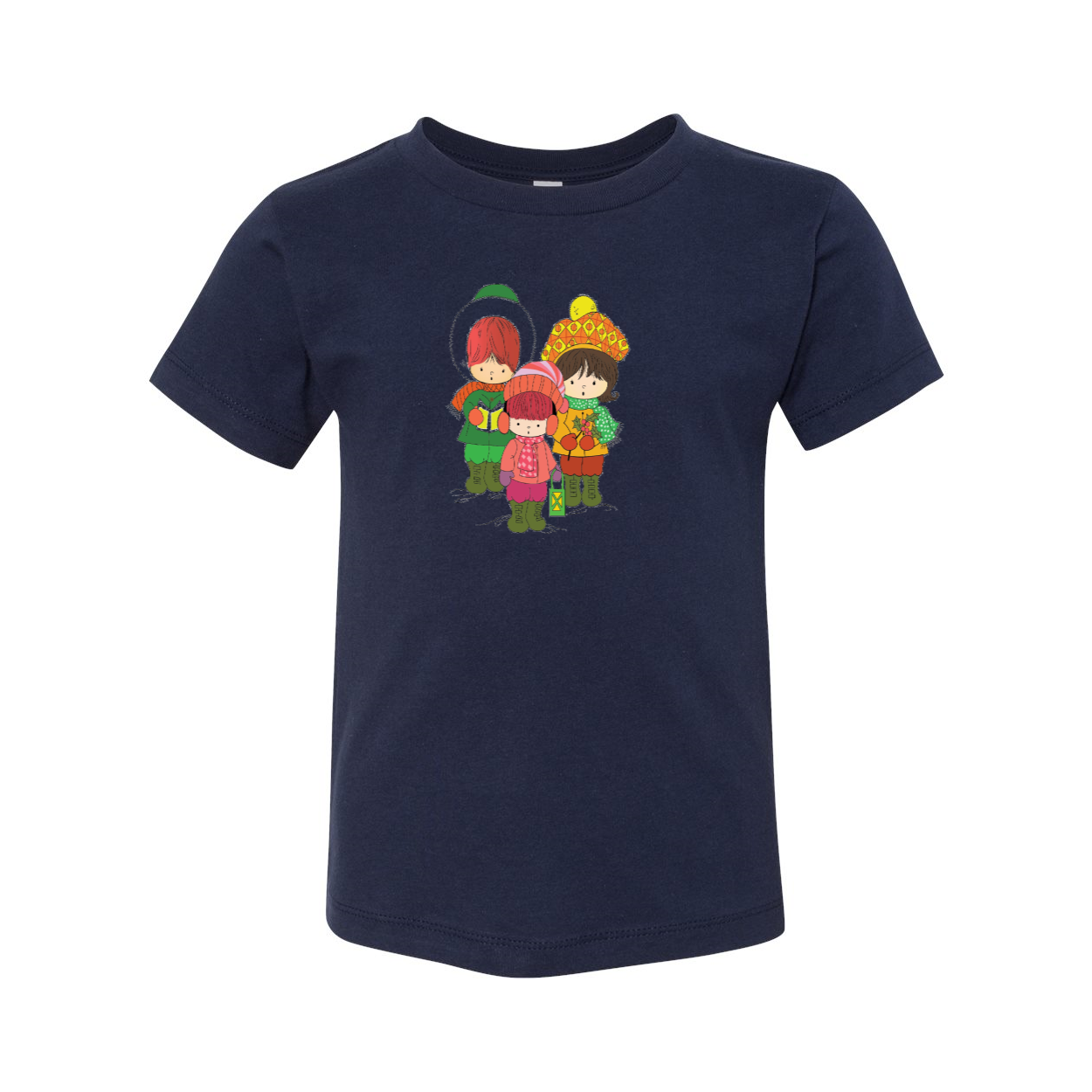 A toddler wearing a short sleeve tee featuring three cheerful Christmas carolers, perfect for holiday celebrations.