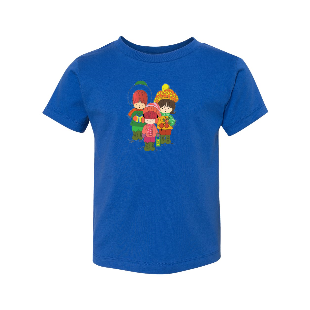 A toddler wearing a short sleeve tee featuring three cheerful Christmas carolers, perfect for holiday celebrations.