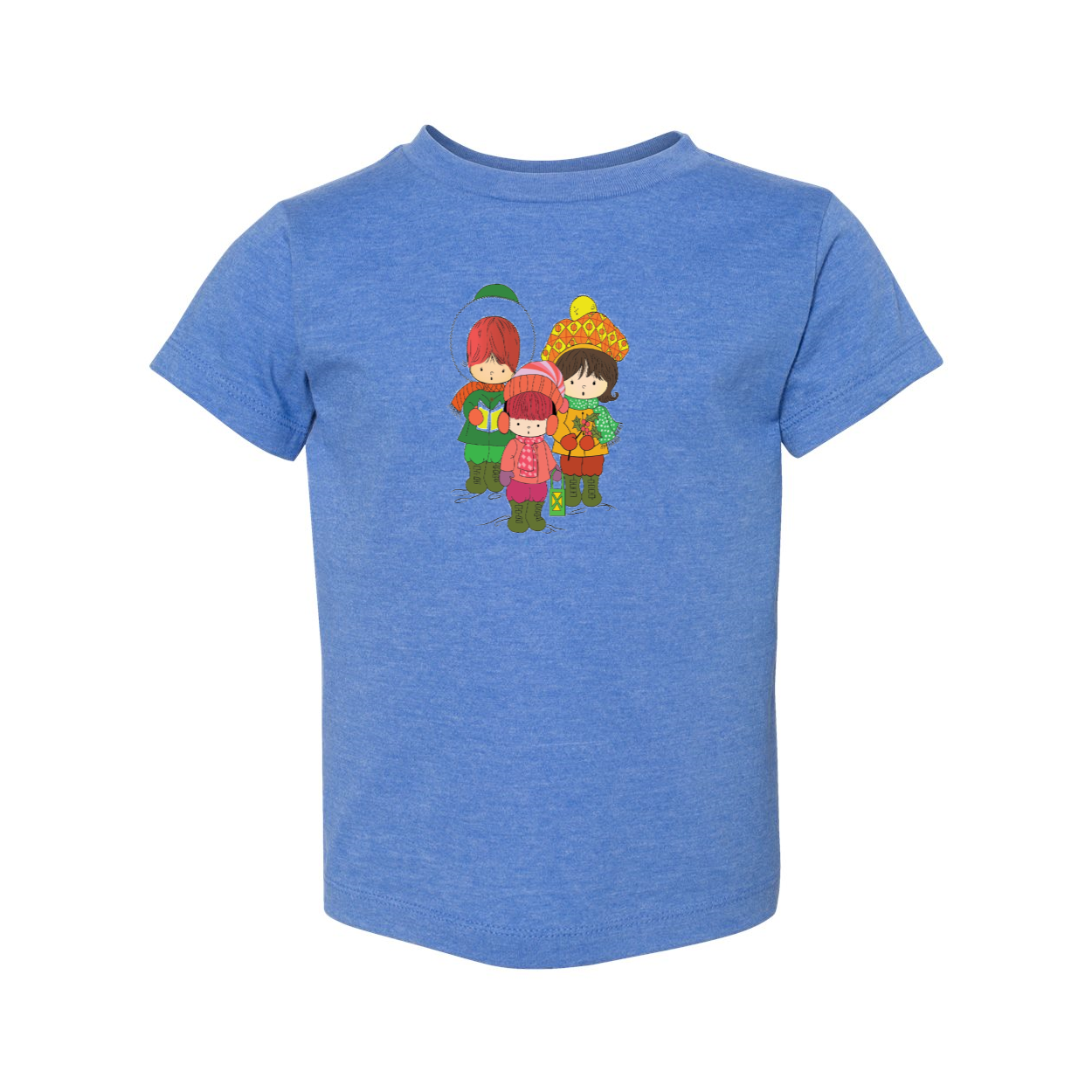 A toddler wearing a short sleeve tee featuring three cheerful Christmas carolers, perfect for holiday celebrations.