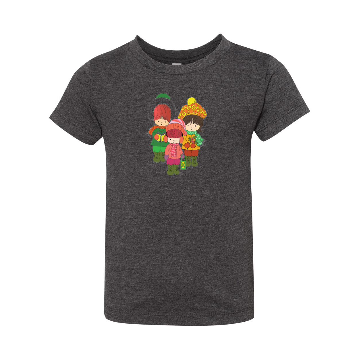 A toddler wearing a short sleeve tee featuring three cheerful Christmas carolers, perfect for holiday celebrations.