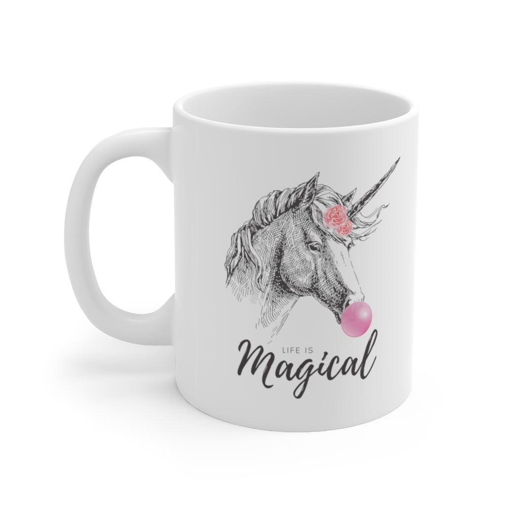 A whimsical Unicorn Bubble Gum Life is Magical Mug featuring a colorful unicorn design, perfect for coffee and tea lovers.