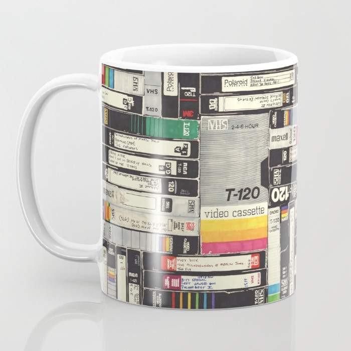 Mug with VHS tape design.