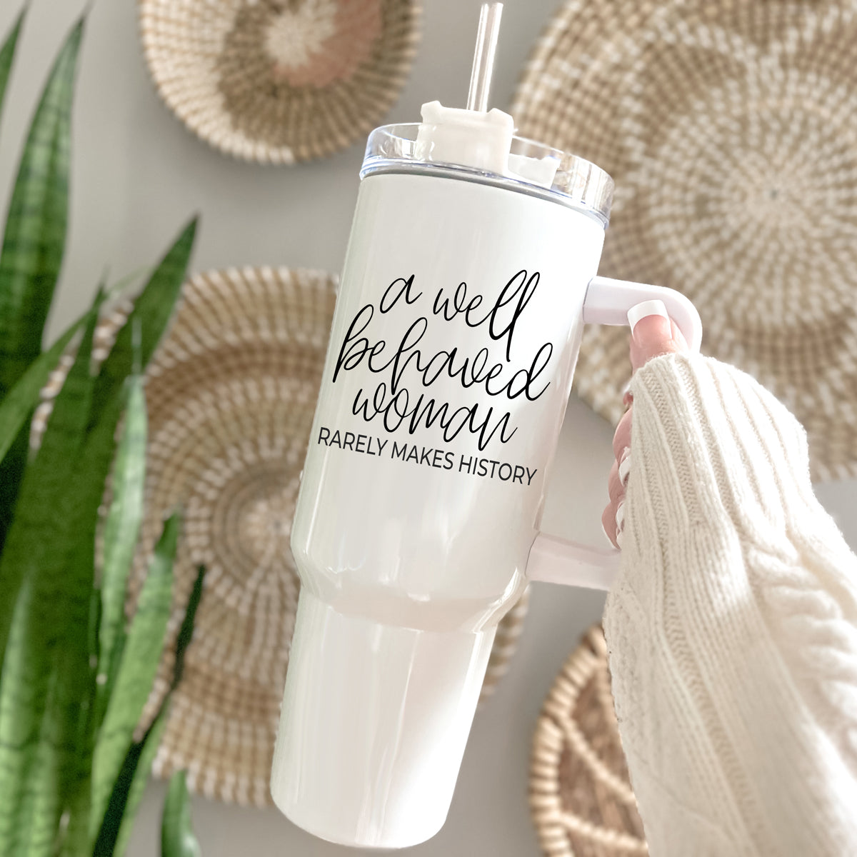 Well Behaved Woman 40oz insulated mug with a matte cream finish, featuring a black graphic design and a versatile 3-in-1 lid.